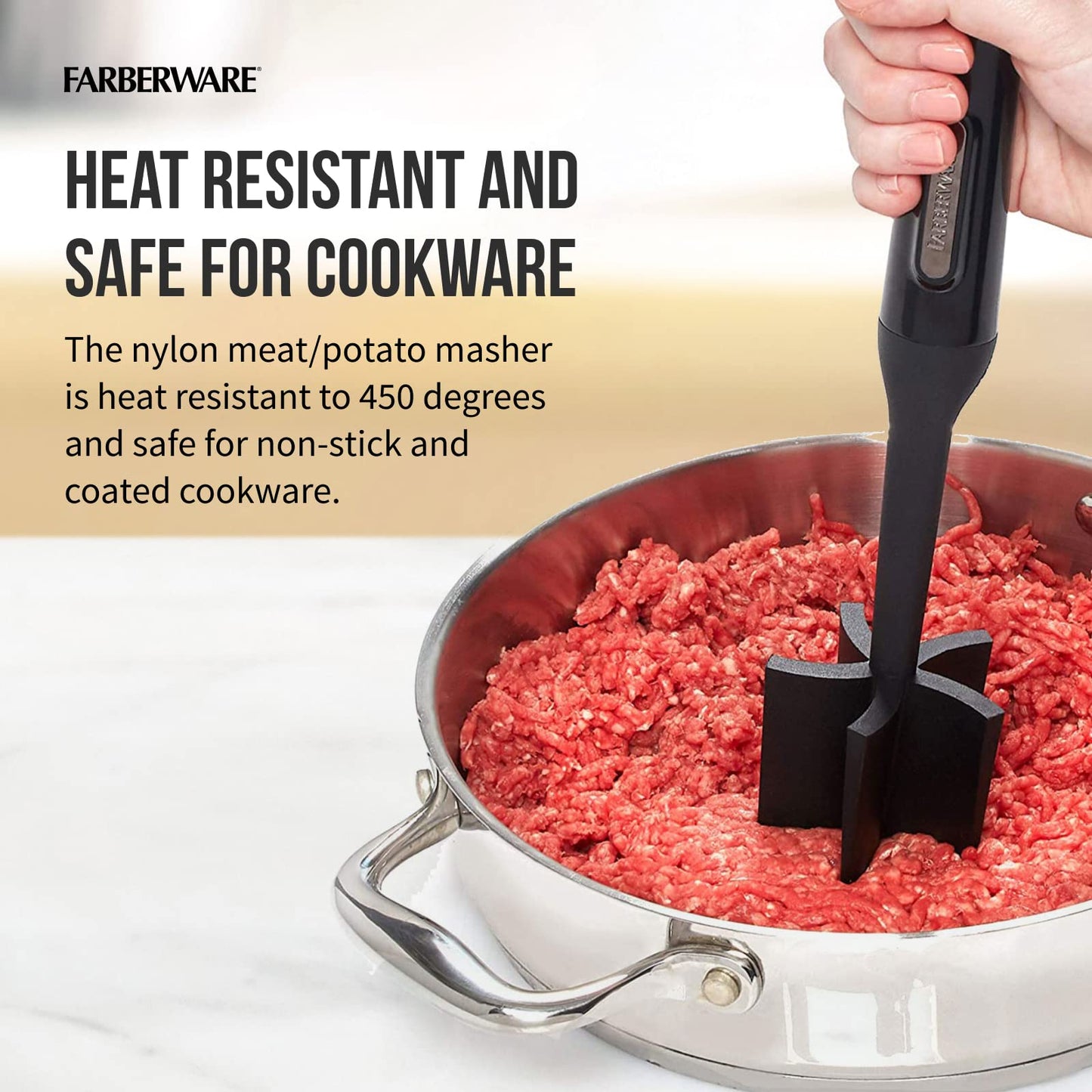 Farberware Heat Resistant Nylon Meat and Potato Masher Safe for Non-Stick Cookware, 10 inch, Aqua