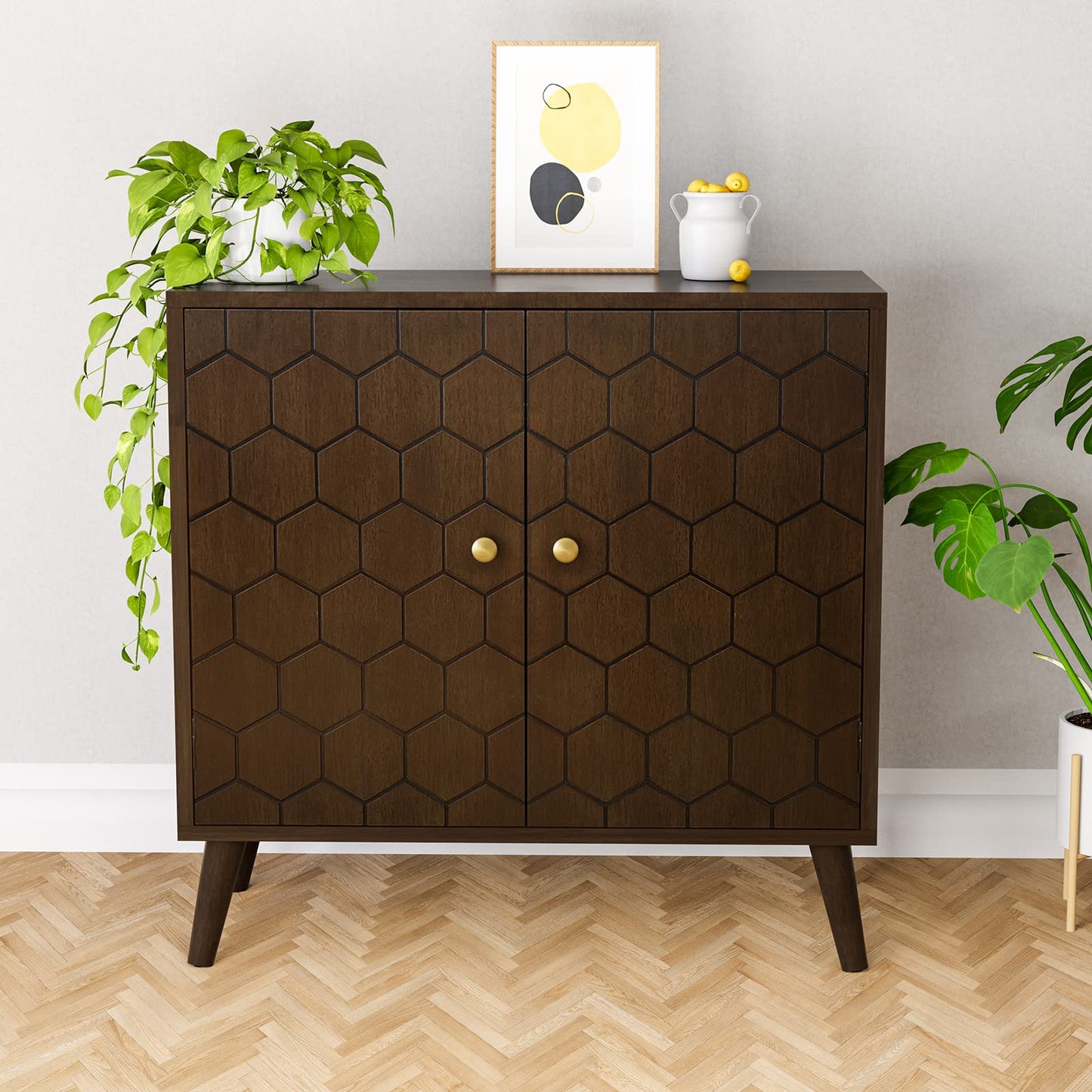 HOMPUS Accent Cabinet with Doors and Shelf,Rustic Boho Decorative Buffet Cabinet with Wood Grain Finish,Buffet Sideboard Storage Cabinet with Flower Pattern,Farmhouse Cabinet for Living Room,Entryway