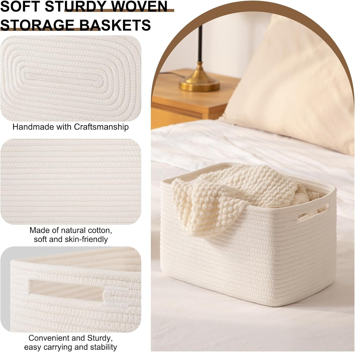 Storage Baskets for Organizing, Woven Decorative Baskets for Shelves - Books, Towels, and Clothes, Cotton Rope Toy Storage Bins, 12.7''Lx9''Wx7.8''H, Pack of 4, Brown