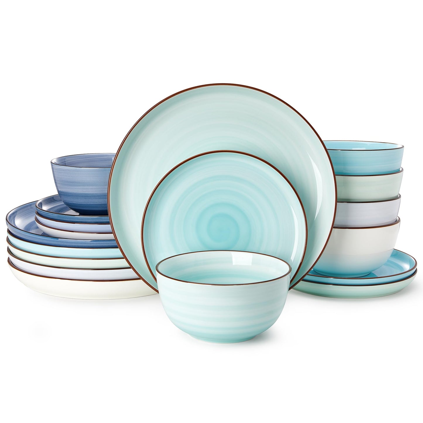 Sweese Plates and Bowls Sets, 18 Piece Dinnerware Set Porcelain Round Dinner Set for 6, Scratch Resistant Dishes Set, Dishwasher and Oven Microwave Safe Handpainted Swirl Dishware Sets, Neutral