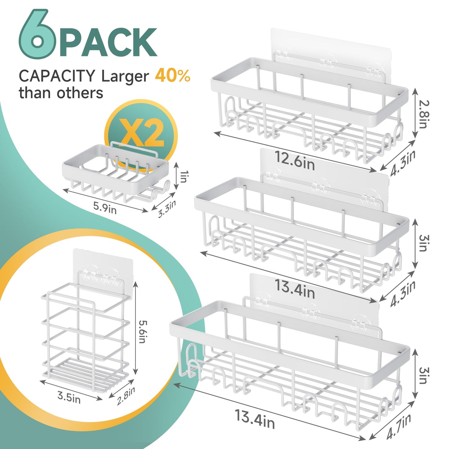 Veken Stainless Steel Shower Caddy 6-Pack, No Drilling & Rustproof, Waterproof Adhesive Shelves Rack with Soap Holder, Large Capacity Bathroom Organizers and Storage, Wall-Mounted Kitchen & Home Decor