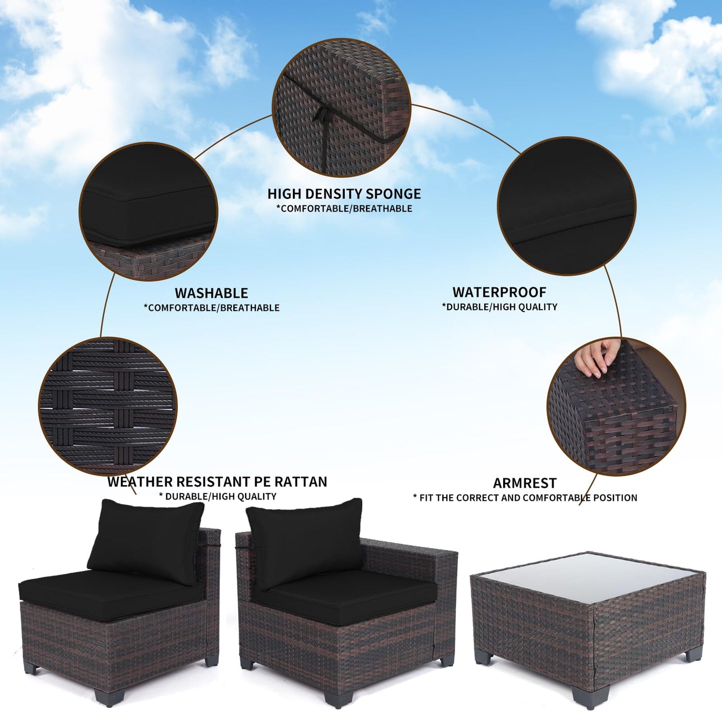 LEVELEVE 7 Pieces Outdoor Patio Furniture Sets,Rattan Conversation Sectional Set,Manual Weaving Wicker Patio Sofa with Tea Table