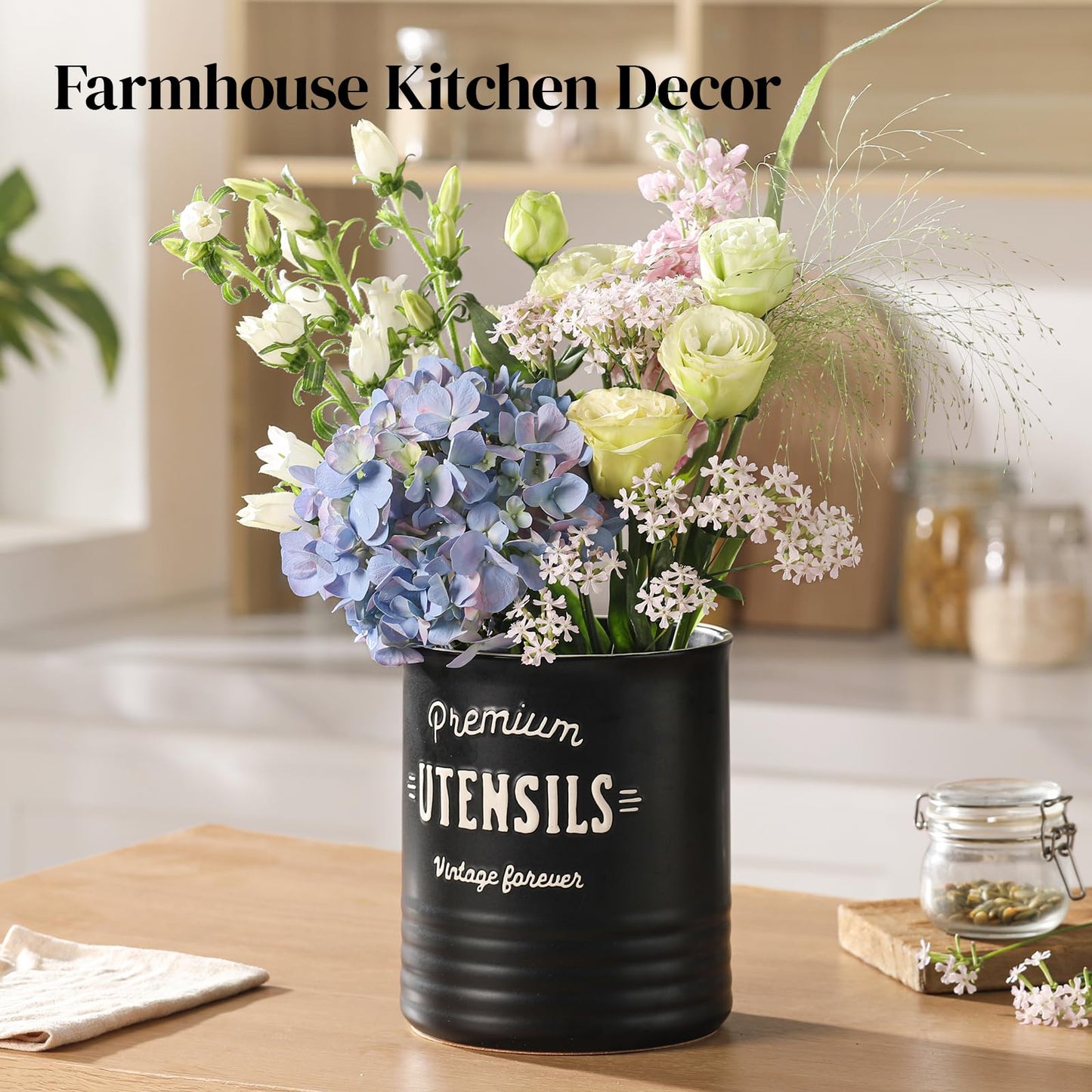 DOWAN 7.2″ Extra Large Kitchen Utensil Holder, Farmhouse Utensil Holder for Countertop, Ceramic Utensil Crock with Protection Cork Mat, Utensil Organizer for Kitchen Decor & Housewarming Gift, White