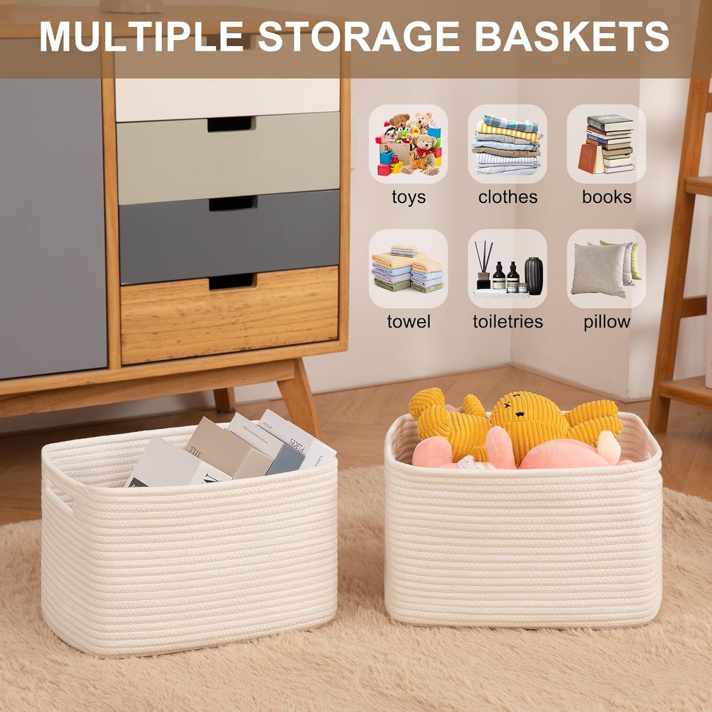 Storage Baskets for Organizing, Woven Decorative Baskets for Shelves - Books, Towels, and Clothes, Cotton Rope Toy Storage Bins, 12.7''Lx9''Wx7.8''H, Pack of 4, Brown
