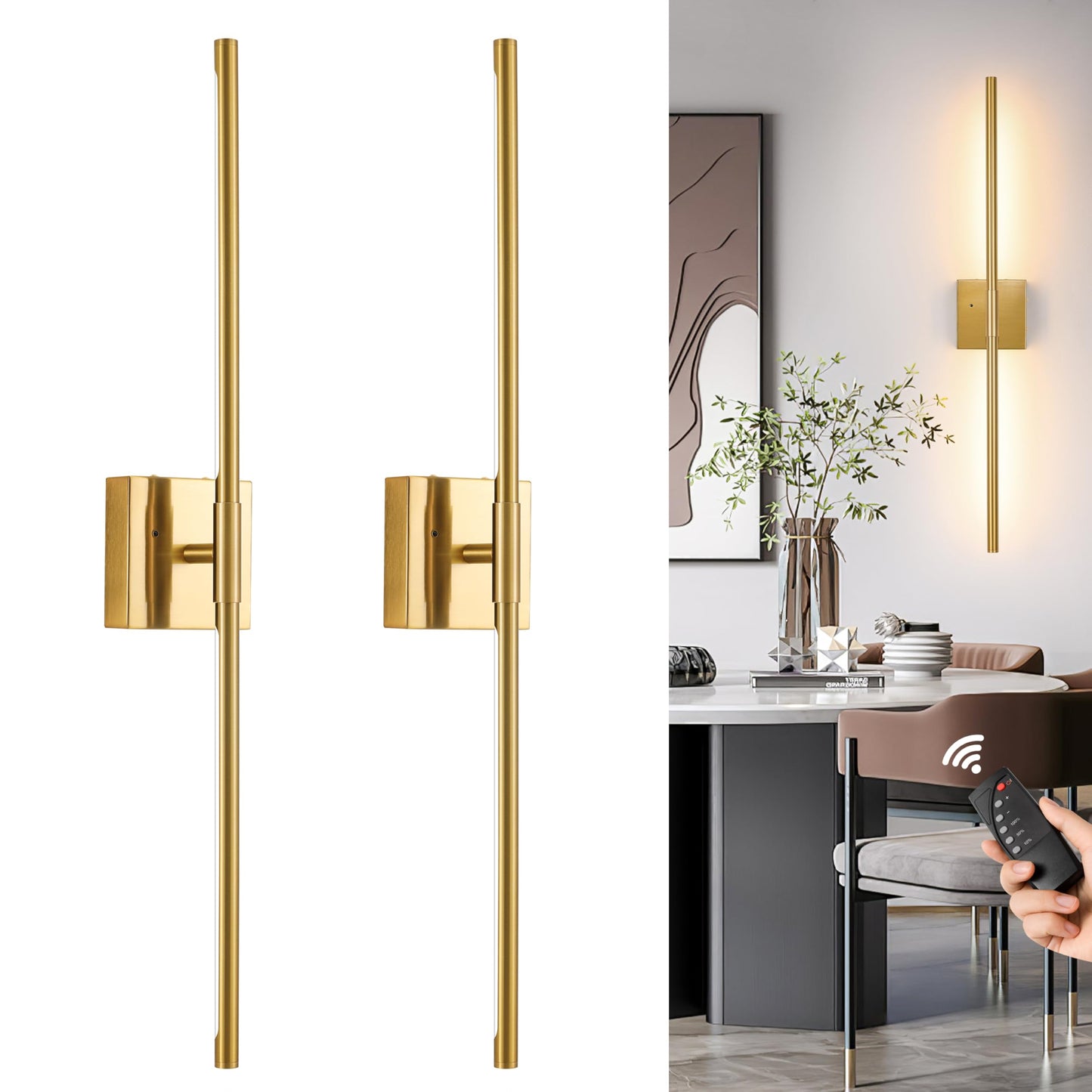 Battery Operated Wall Sconces Set of 2, Dimmable Battery Wall Sconce with Remote Control, Black Gold LED Rechargeable Sconces, 24 Inch Modern Wireless Wall Lights for Bedroom, Living Room