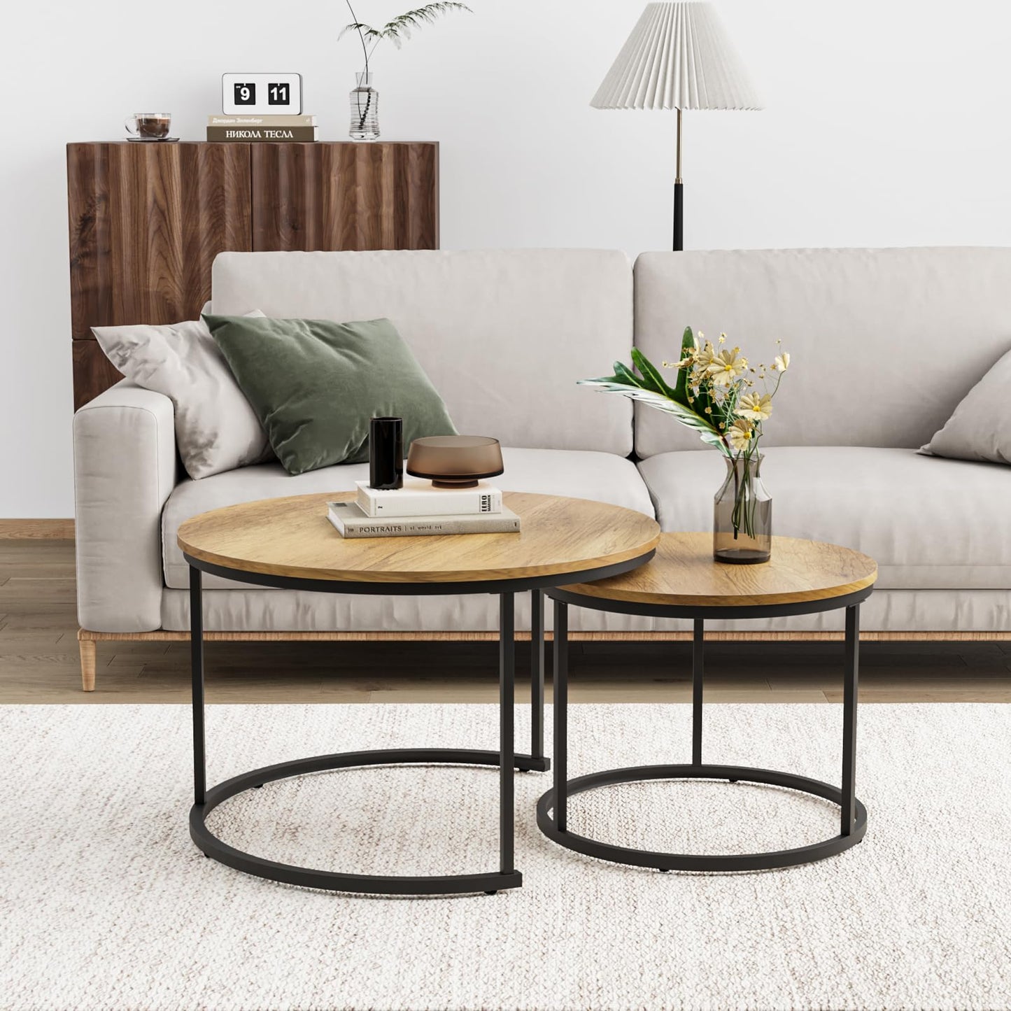 Smuxee Nesting Coffee Table Set of 2, 23.6" Round Coffee Table Wood Grain Top with Adjustable Non-Slip Feet, Industrial End Table Side Tables for Living Room Bedroom Balcony Yard