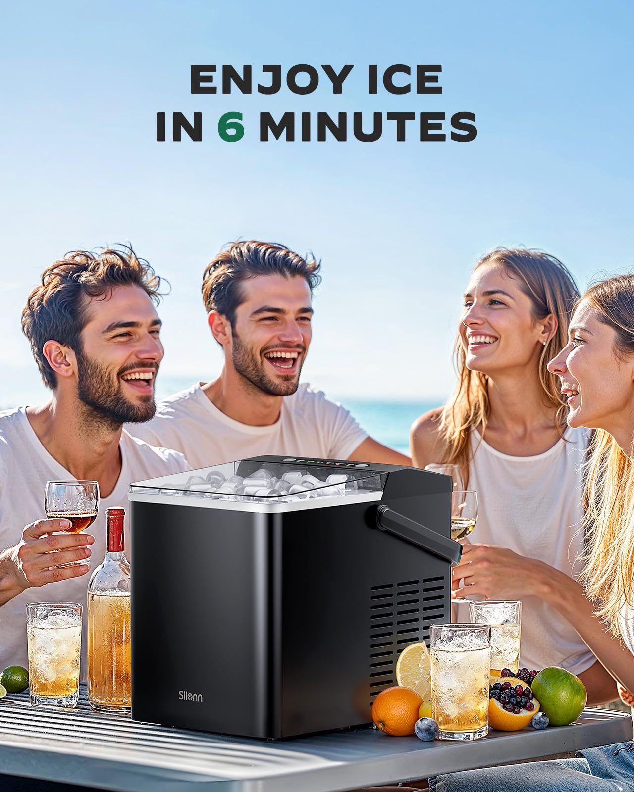 Silonn Ice Maker Countertop, Portable Ice Machine with Carry Handle, Self-Cleaning Ice Makers with Basket and Scoop, 9 Cubes in 6 Mins, 26 lbs per Day, Ideal for Home, Kitchen, Camping, RV
