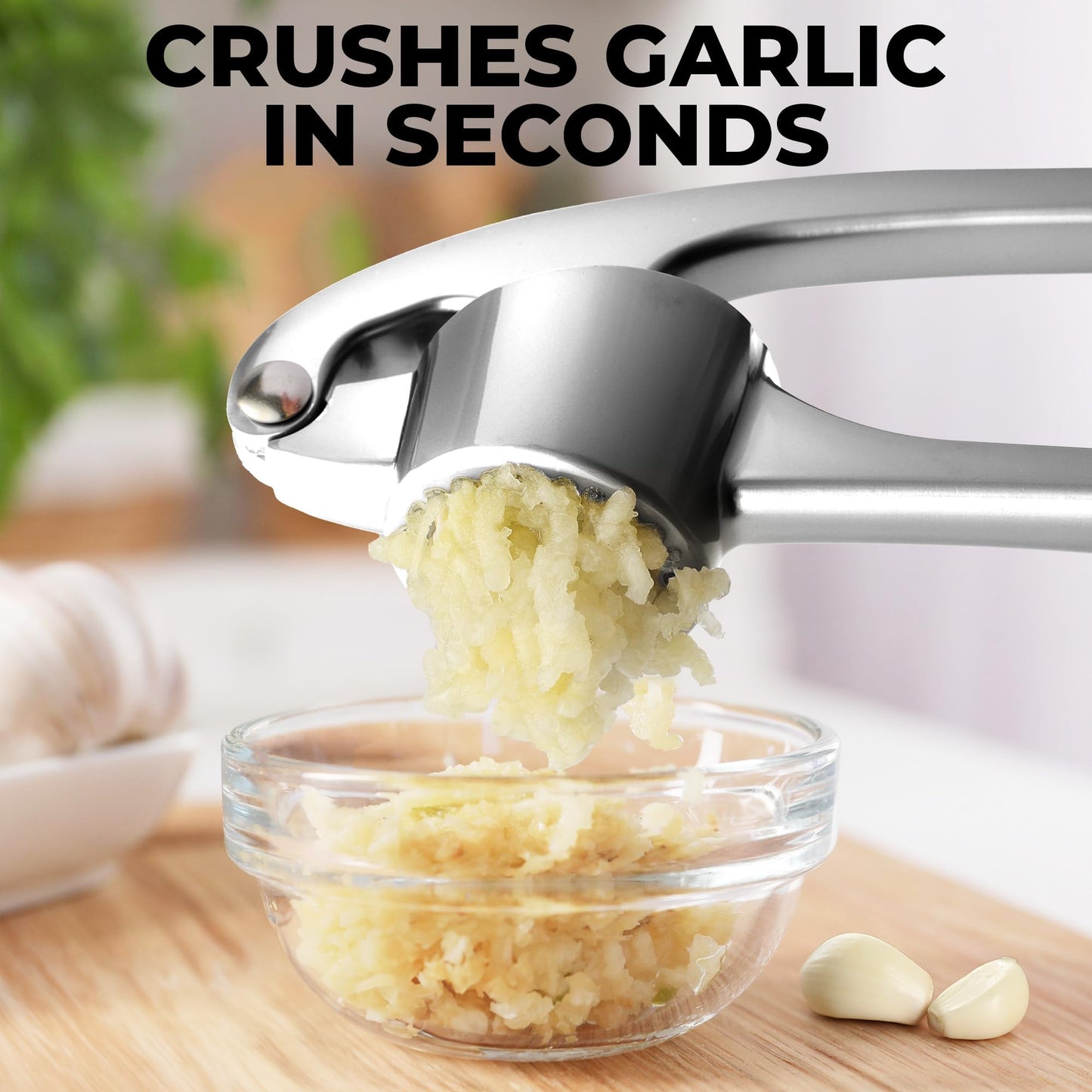Zulay Kitchen Premium Garlic Press Set - Rust Proof & Dishwasher Safe Professional Garlic Mincer Tool - Easy-Squeeze, Easy-Clean with Soft, Ergonomic Handle - Silicone Garlic Peeler & Brush (Silver)