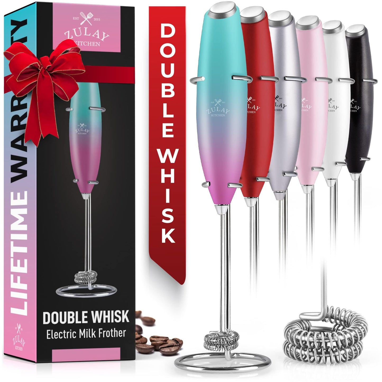 Zulay Double Whisk Milk Frother Handheld Mixer - High Powered Frother For Coffee With Improved Motor - Milk Frother Electric Whisk Drink Mixer For Cappuccino, Frappe, Matcha, Twin Whisk - Black/Copper