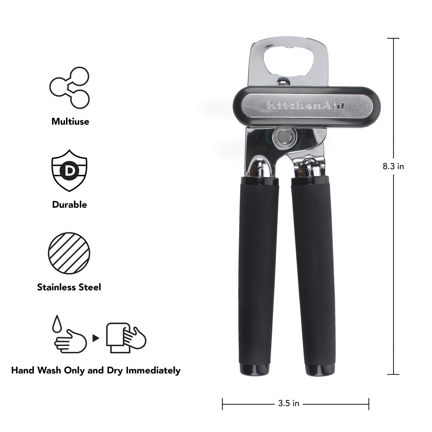 KitchenAid Classic Multifunction Can Opener and Bottle Opener Easy to Use, Razor Sharp Stainless Steel Cutting Wheel, Soft Ergonomic Handles, Black