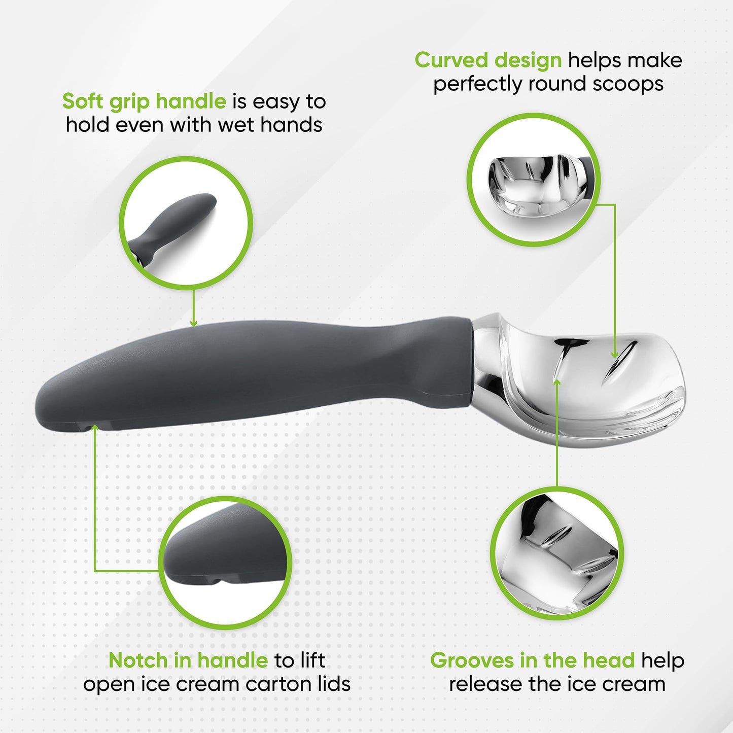 Spring Chef Heavy Duty Ice Cream Scoop with Comfortable Handle - Professional Ice Cream Scooper for Gelato, Sorbet, Cookie Dough, Melon, Frozen Yogurt - Dishwasher Safe Metal Kitchen Tool - Black
