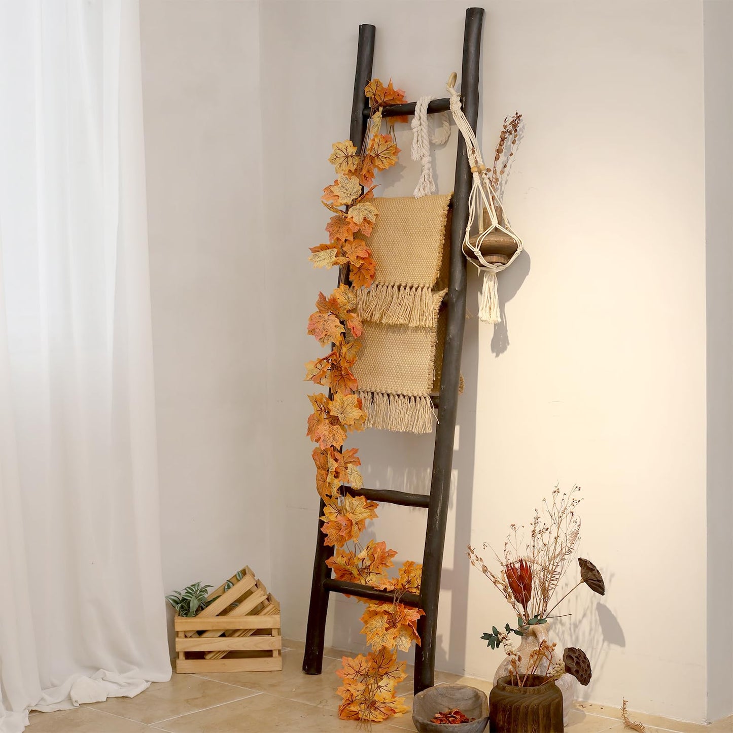 FUIN Fully Assembled 57in Wood Blanket Ladder Living Room Decorative Wall Leaning Farmhouse Quilt Display Holder Rustic Wooden Towel Rack for Bathroom, Unfinished