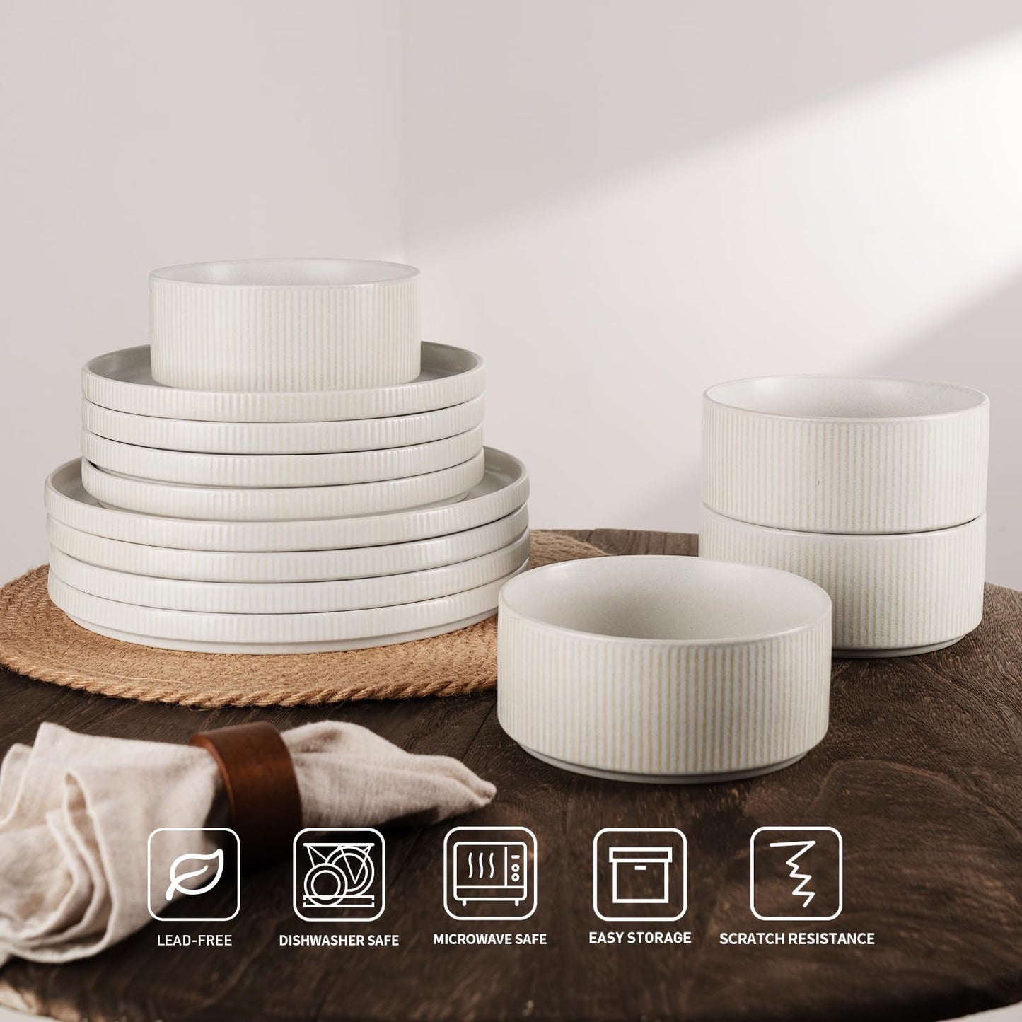 Famiware Star Dinnerware Sets, Plates and Bowls Set for 4, 12 Pieces Dishes- Chip and Scratch Resistant, Microwave and Dishwasher Safe Kitchen Set, Cappuccino White