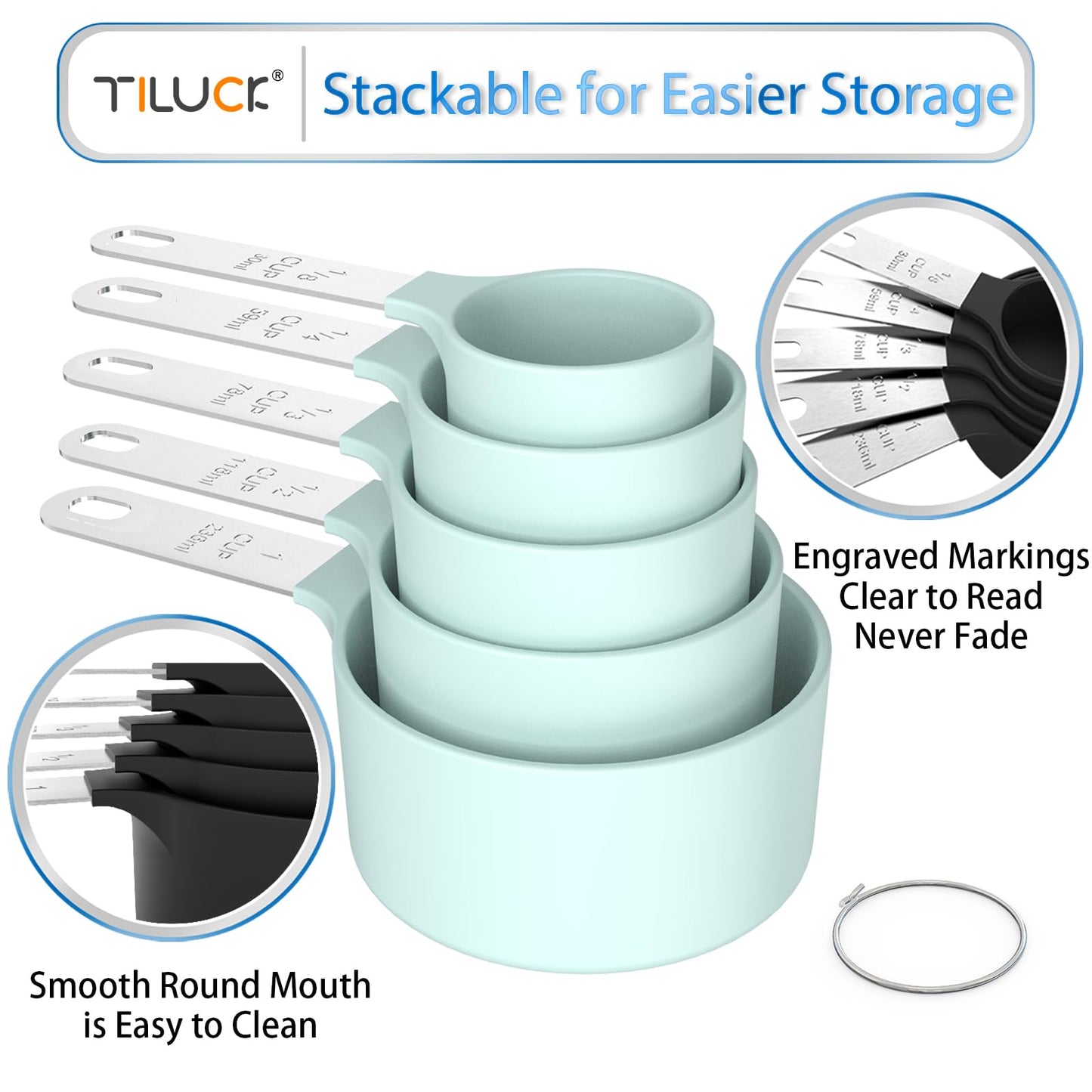 TILUCK Measuring Cups & Spoons Set, Stackable Cups and Spoons, Nesting Measure Cups with Stainless Steel Handle, Kitchen Gadgets for Cooking & Baking (Black)