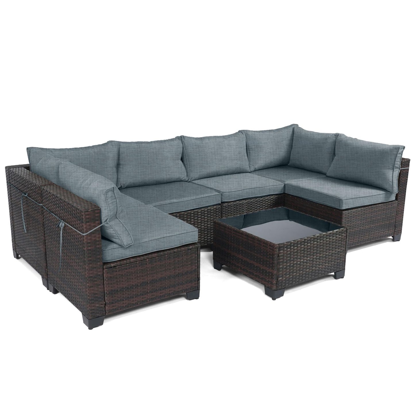 LEVELEVE 7 Pieces Outdoor Patio Furniture Sets,Rattan Conversation Sectional Set,Manual Weaving Wicker Patio Sofa with Tea Table