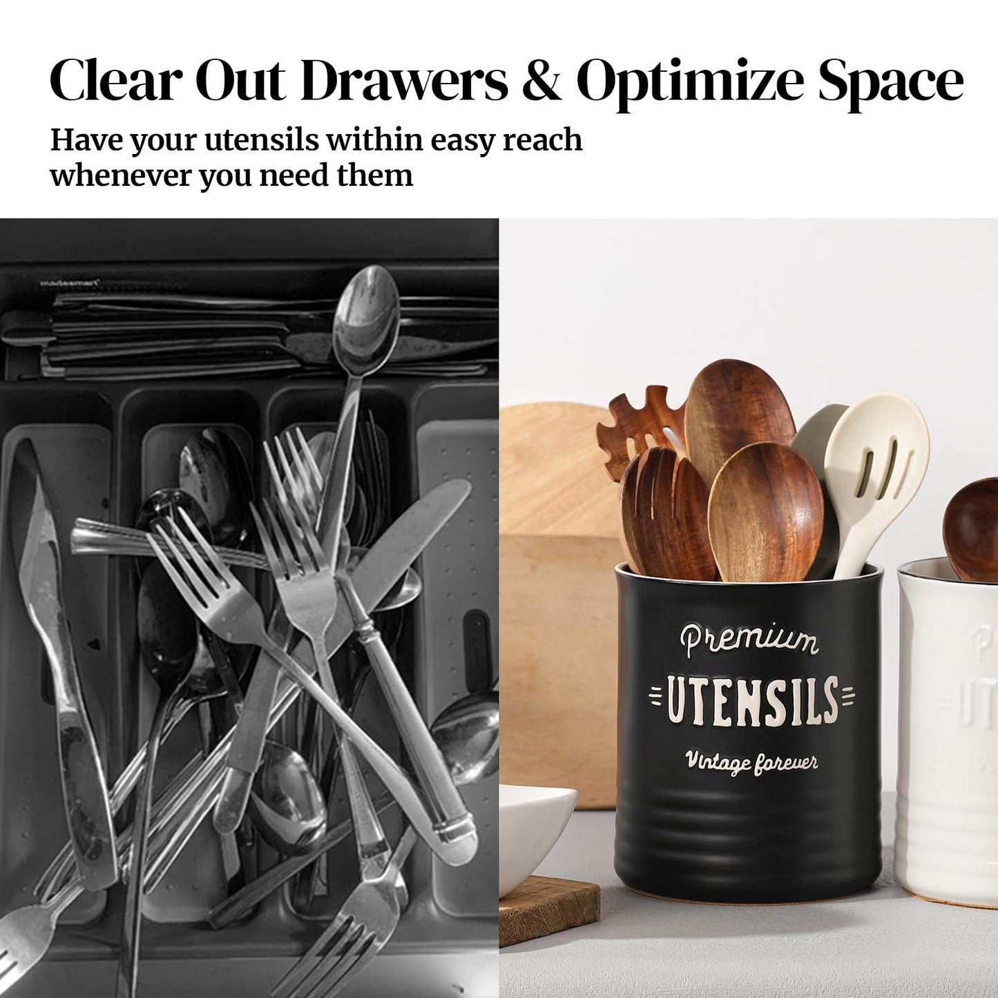 DOWAN 7.2″ Extra Large Kitchen Utensil Holder, Farmhouse Utensil Holder for Countertop, Ceramic Utensil Crock with Protection Cork Mat, Utensil Organizer for Kitchen Decor & Housewarming Gift, White