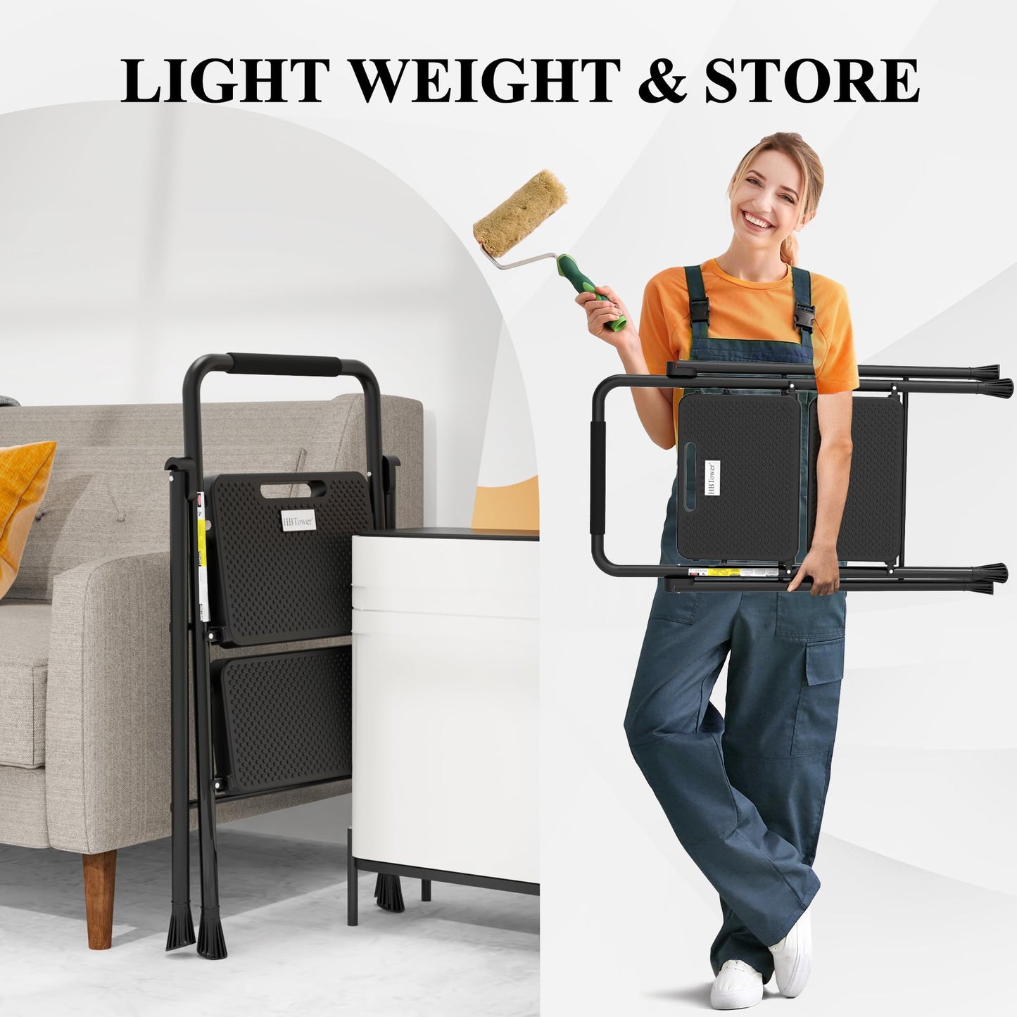 HBTower Step Ladder, Folding Step Stool with Wide Anti-Slip Pedal, Sturdy Steel Ladder, Convenient Handrail, Lightweight, Portable Steel Step Stool