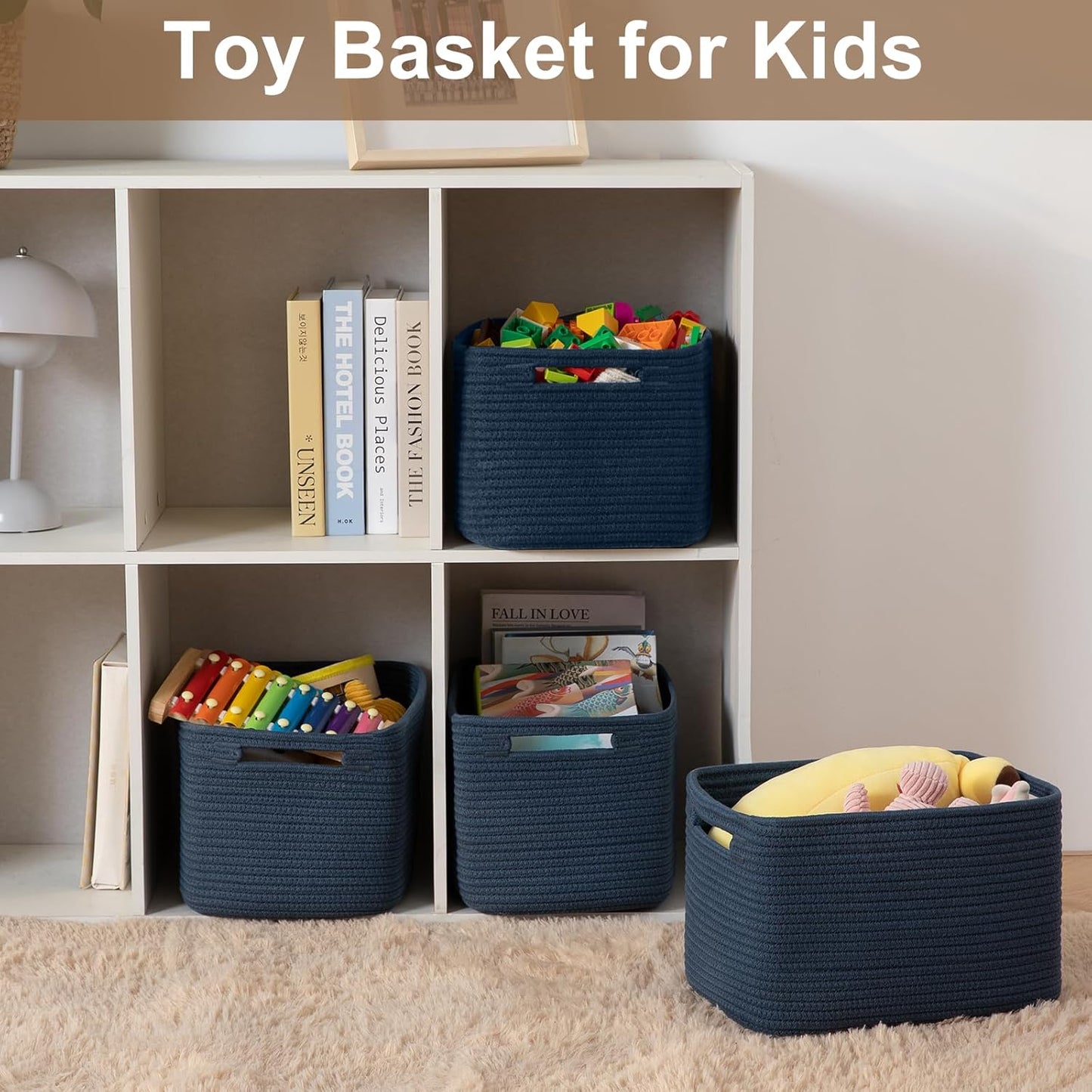 Storage Baskets for Organizing, Woven Decorative Baskets for Shelves - Books, Towels, and Clothes, Cotton Rope Toy Storage Bins, 12.7''Lx9''Wx7.8''H, Pack of 4, Brown