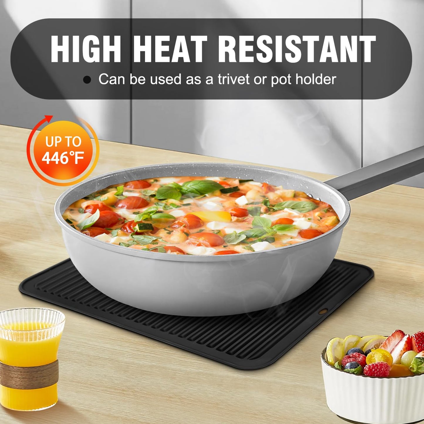 Walfos Silicone Trivet Mats - 4 Heat Resistant Pot Holders, Multipurpose Non-Slip Hot Pads for Kitchen Potholders, Hot Dishers, Jar Opener, Spoon Holder, Food Grade Silicone & BPA Free (Black)