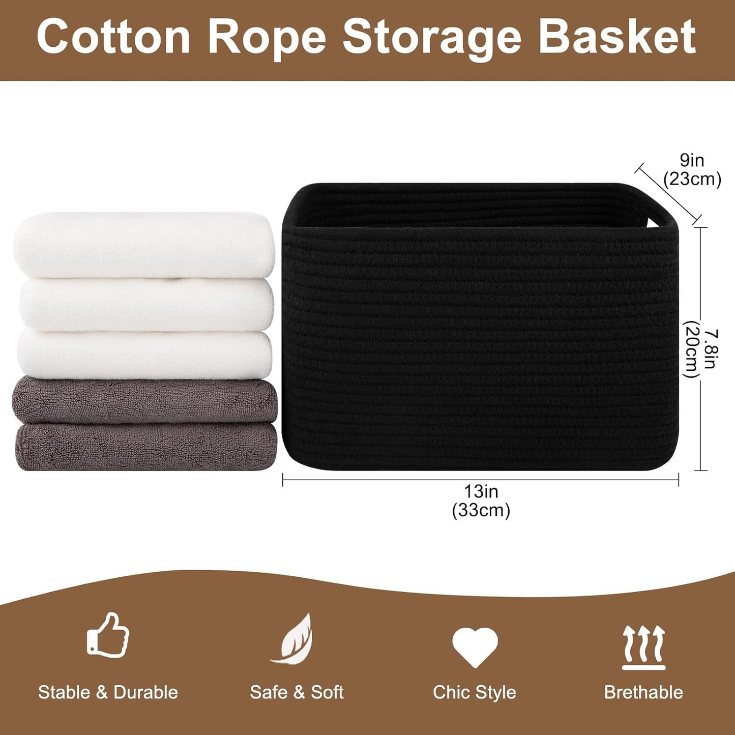 Storage Baskets for Organizing, Woven Decorative Baskets for Shelves - Books, Towels, and Clothes, Cotton Rope Toy Storage Bins, 12.7''Lx9''Wx7.8''H, Pack of 4, Brown