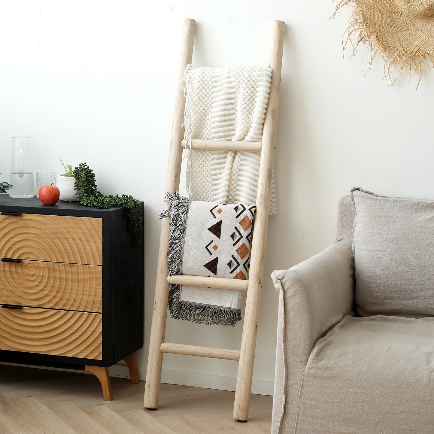 FUIN Fully Assembled 57in Wood Blanket Ladder Living Room Decorative Wall Leaning Farmhouse Quilt Display Holder Rustic Wooden Towel Rack for Bathroom, Unfinished