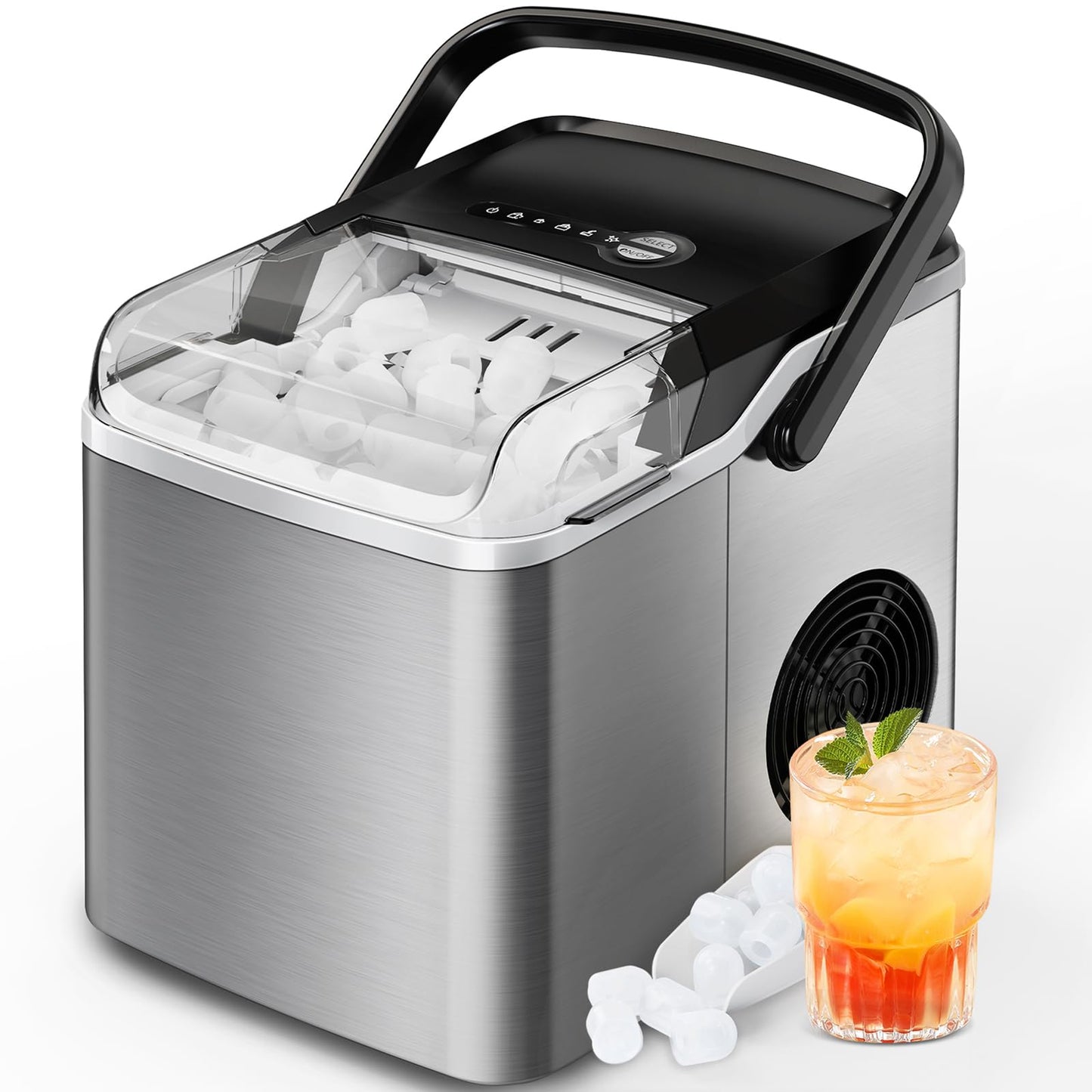Silonn Ice Maker Countertop, Portable Ice Machine with Carry Handle, Self-Cleaning Ice Makers with Basket and Scoop, 9 Cubes in 6 Mins, 26 lbs per Day, Ideal for Home, Kitchen, Camping, RV