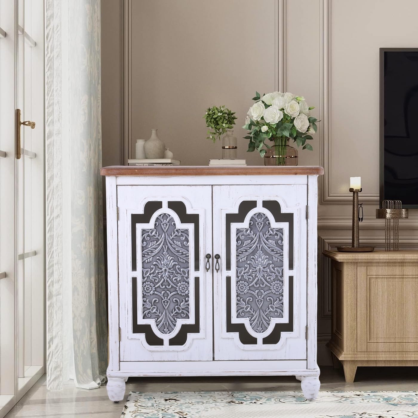 MFSTUDIO Accent Storage Cabinet with 2 Doors, Distressed Storage Cabinet Buffet Sideboard Display Cabinet with Metal Church Window Door for Entryway Living Room Kitchen, Black