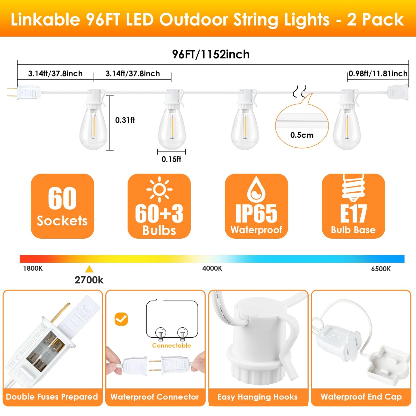 96FT LED Outdoor String Lights, Waterproof Patio Lights with 30+2 2700K Dimmable Shatterproof Edison Hanging Bulbs for Backyard Party-Black