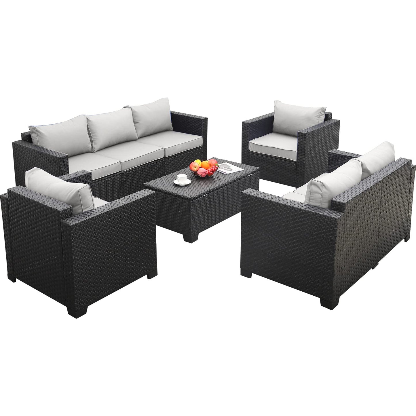Rattaner 5 Pcs Outdoor Furniture Sets Patio Furniture Set with 45" Fire Pit Patio Couch Outdoor Chairs 60000 BTU Steel Propane Fire Pit Table No-Slip Cushions and Waterproof Covers, Light Grey