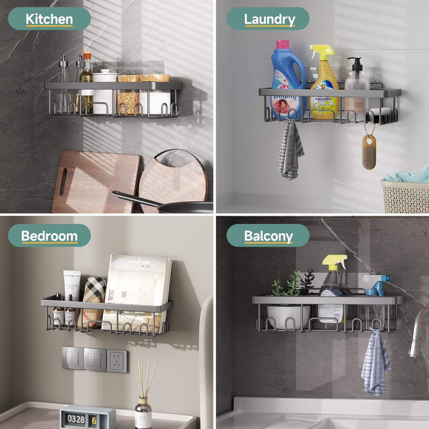 Veken Stainless Steel Shower Caddy 6-Pack, No Drilling & Rustproof, Waterproof Adhesive Shelves Rack with Soap Holder, Large Capacity Bathroom Organizers and Storage, Wall-Mounted Kitchen & Home Decor