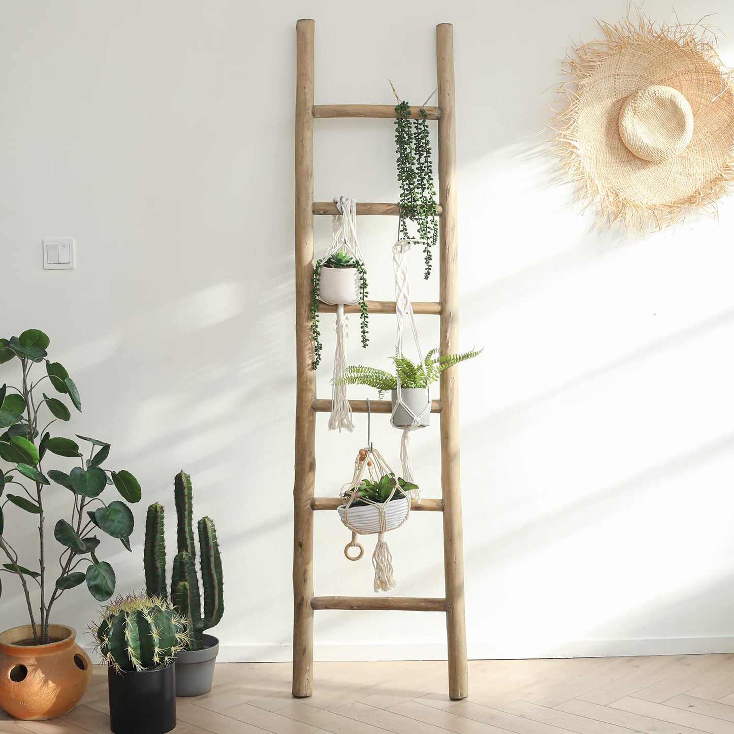 FUIN Fully Assembled 57in Wood Blanket Ladder Living Room Decorative Wall Leaning Farmhouse Quilt Display Holder Rustic Wooden Towel Rack for Bathroom, Unfinished