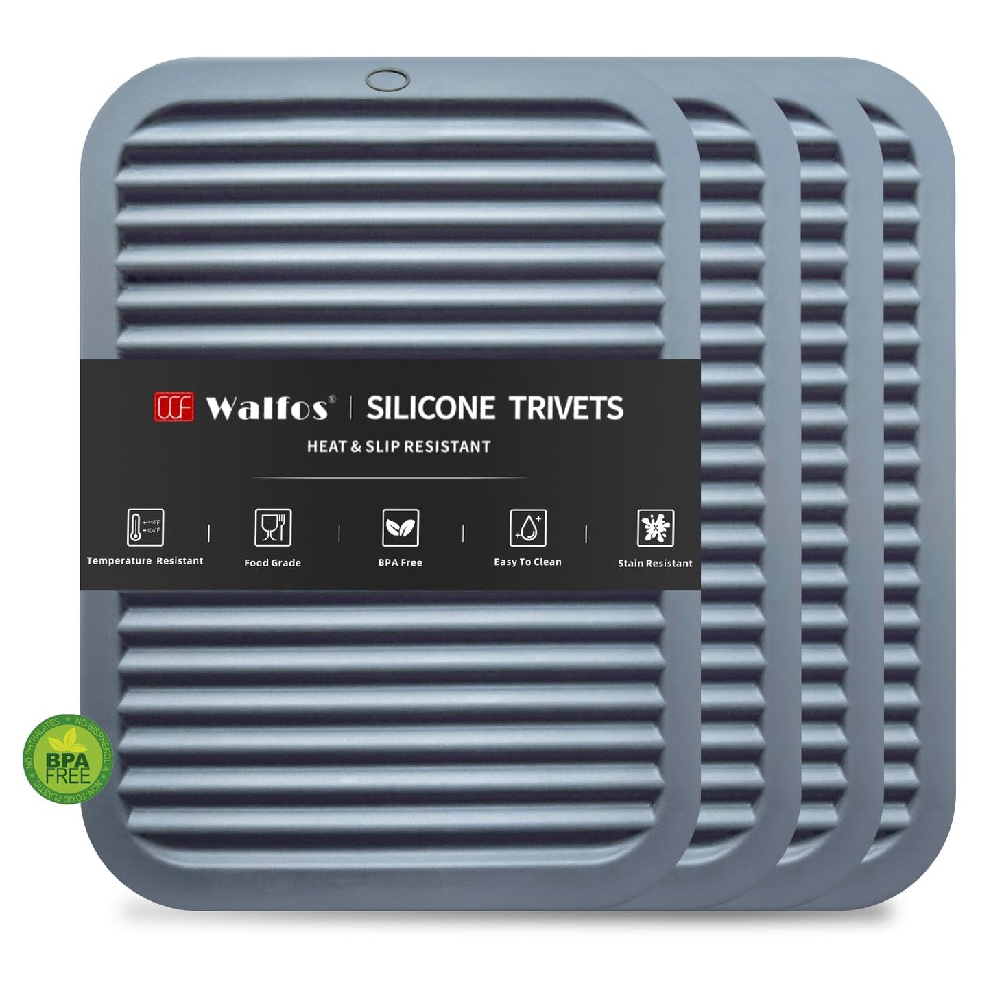 Walfos Silicone Trivet Mats - 4 Heat Resistant Pot Holders, Multipurpose Non-Slip Hot Pads for Kitchen Potholders, Hot Dishers, Jar Opener, Spoon Holder, Food Grade Silicone & BPA Free (Black)
