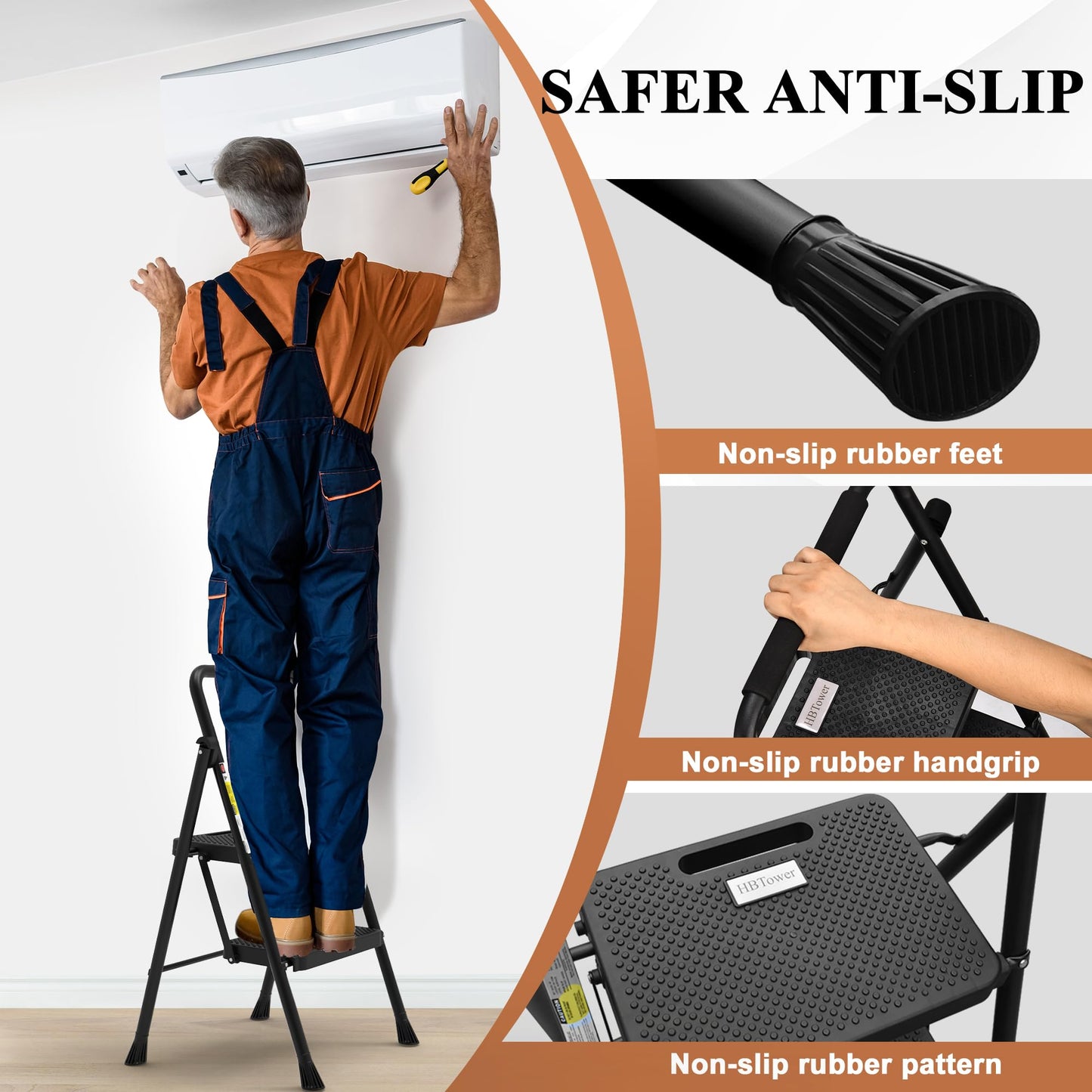 HBTower Step Ladder, Folding Step Stool with Wide Anti-Slip Pedal, Sturdy Steel Ladder, Convenient Handrail, Lightweight, Portable Steel Step Stool