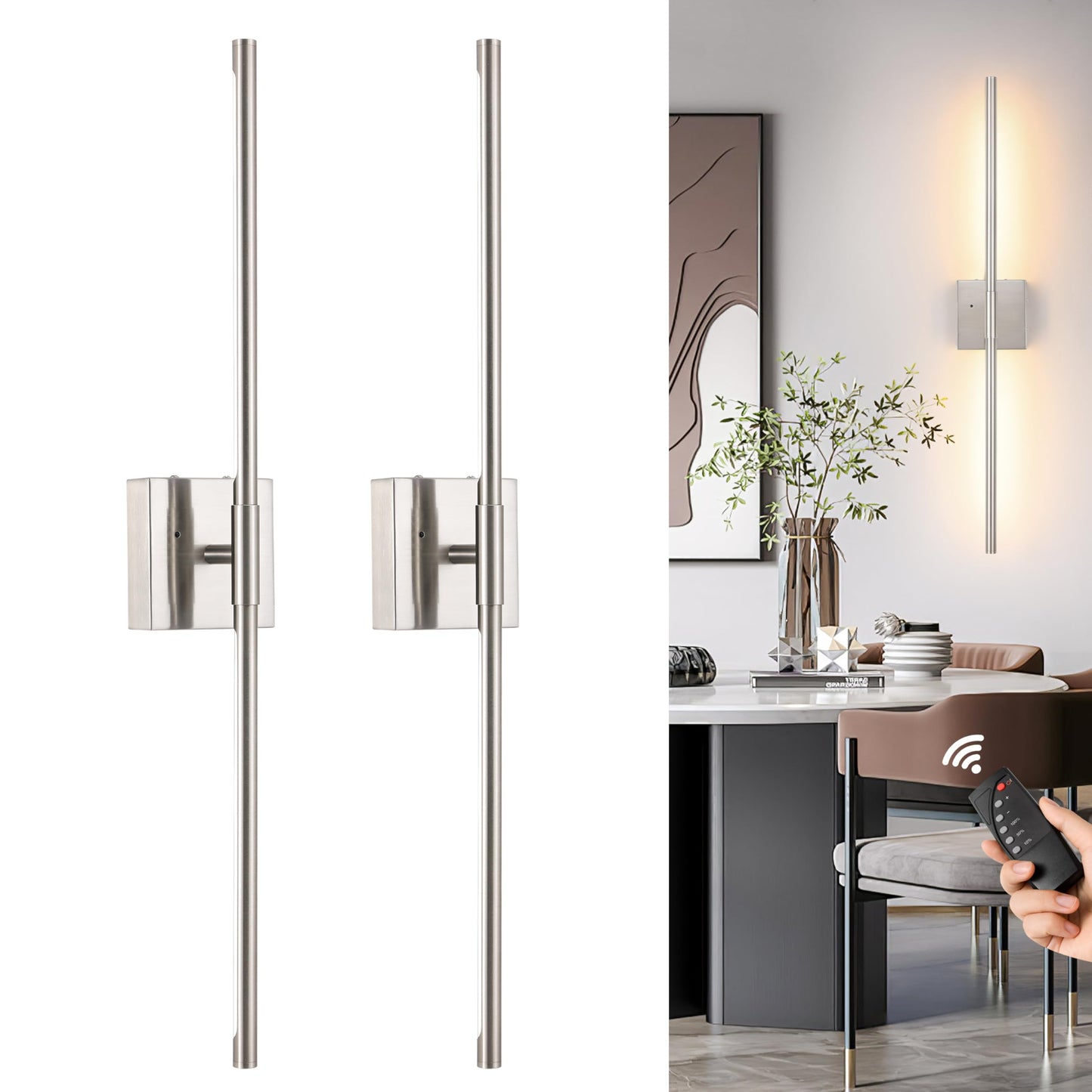 Battery Operated Wall Sconces Set of 2, Dimmable Battery Wall Sconce with Remote Control, Black Gold LED Rechargeable Sconces, 24 Inch Modern Wireless Wall Lights for Bedroom, Living Room