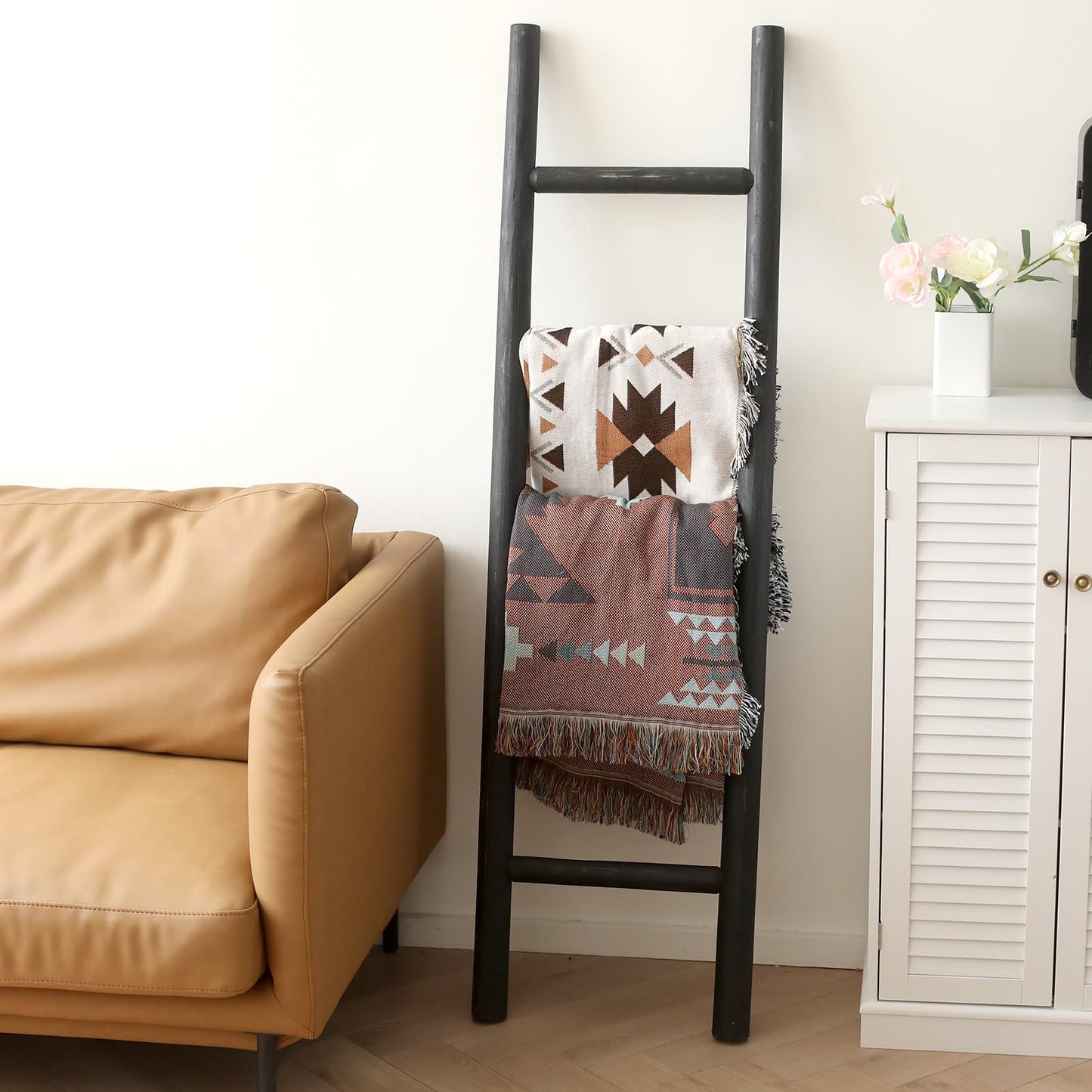 FUIN Fully Assembled 57in Wood Blanket Ladder Living Room Decorative Wall Leaning Farmhouse Quilt Display Holder Rustic Wooden Towel Rack for Bathroom, Unfinished