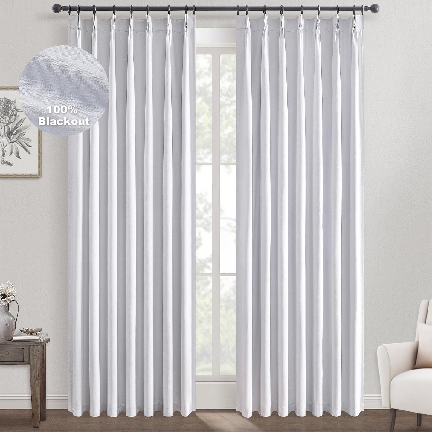 Topfinel 120 Inches Long Extra Long Pinch Pleat Faux Linen Curtains for Living Room,Neutral Beige 100 Percent Blackout Floor to Ceiling Farmhouse Sound Absorbing Drapes 2 Panels for Track System 10 FT