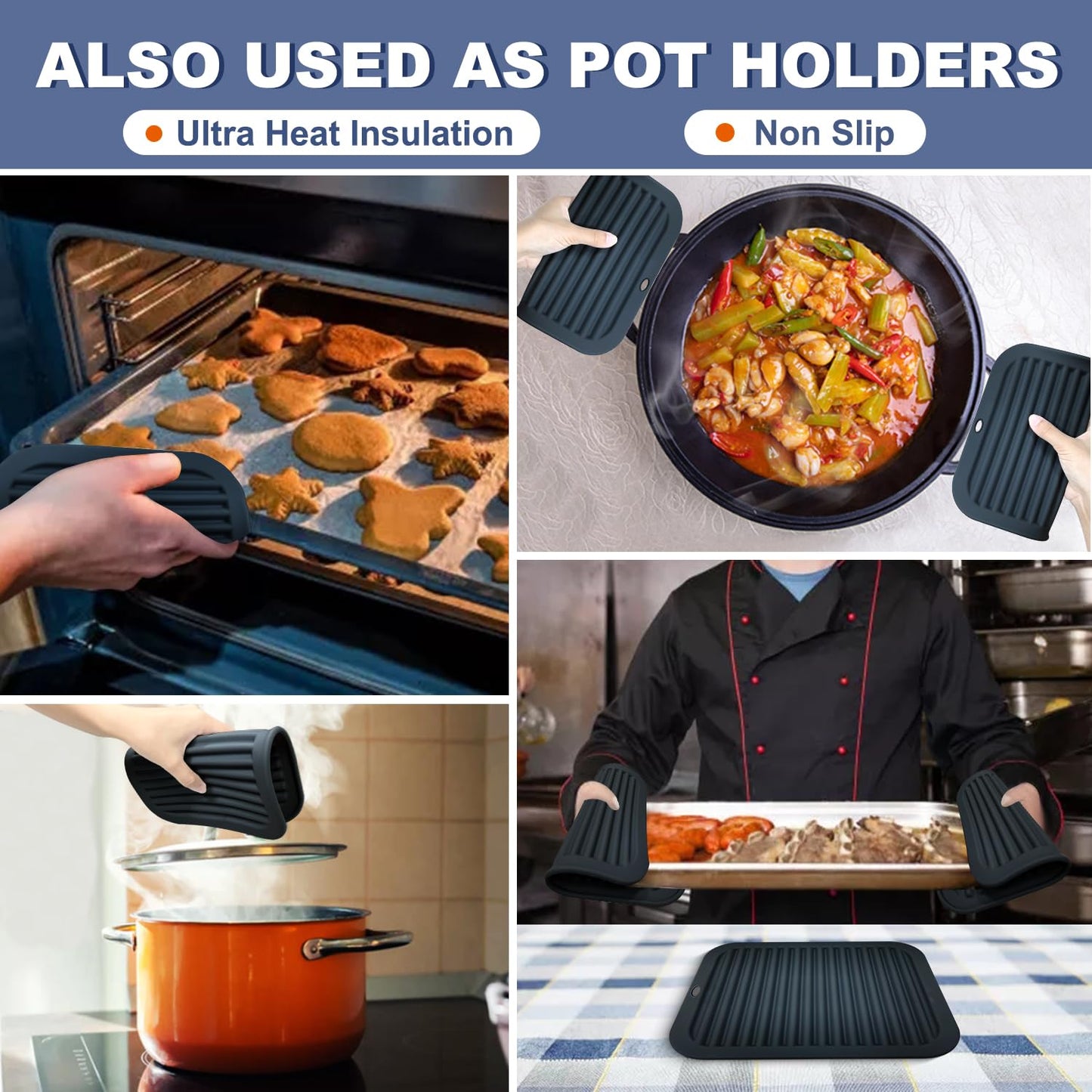 Walfos Silicone Trivet Mats - 4 Heat Resistant Pot Holders, Multipurpose Non-Slip Hot Pads for Kitchen Potholders, Hot Dishers, Jar Opener, Spoon Holder, Food Grade Silicone & BPA Free (Black)