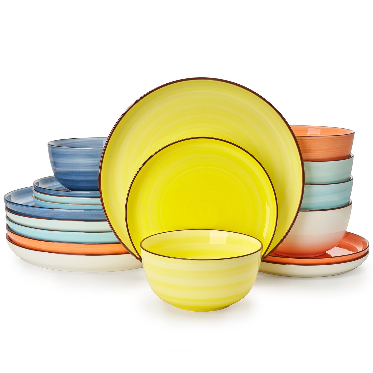 Sweese Plates and Bowls Sets, 18 Piece Dinnerware Set Porcelain Round Dinner Set for 6, Scratch Resistant Dishes Set, Dishwasher and Oven Microwave Safe Handpainted Swirl Dishware Sets, Neutral