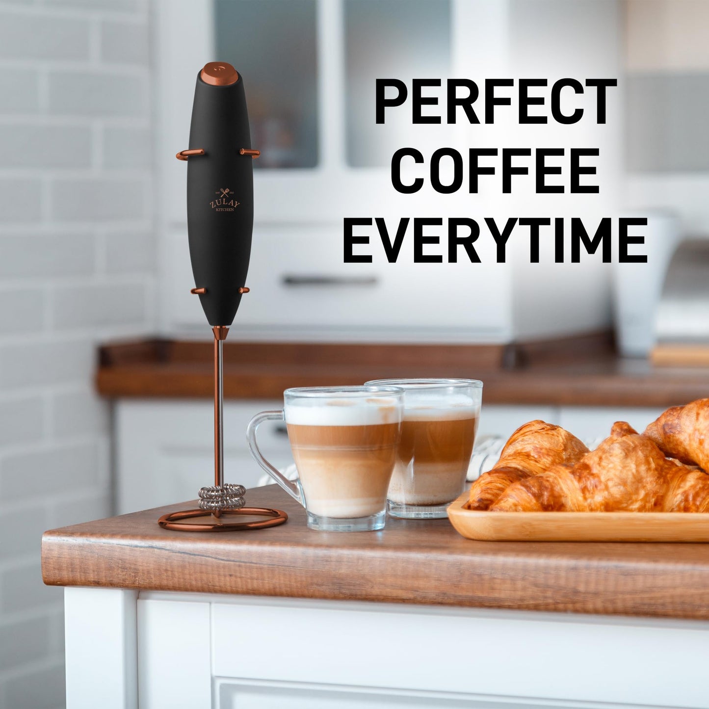 Zulay Double Whisk Milk Frother Handheld Mixer - High Powered Frother For Coffee With Improved Motor - Milk Frother Electric Whisk Drink Mixer For Cappuccino, Frappe, Matcha, Twin Whisk - Black/Copper