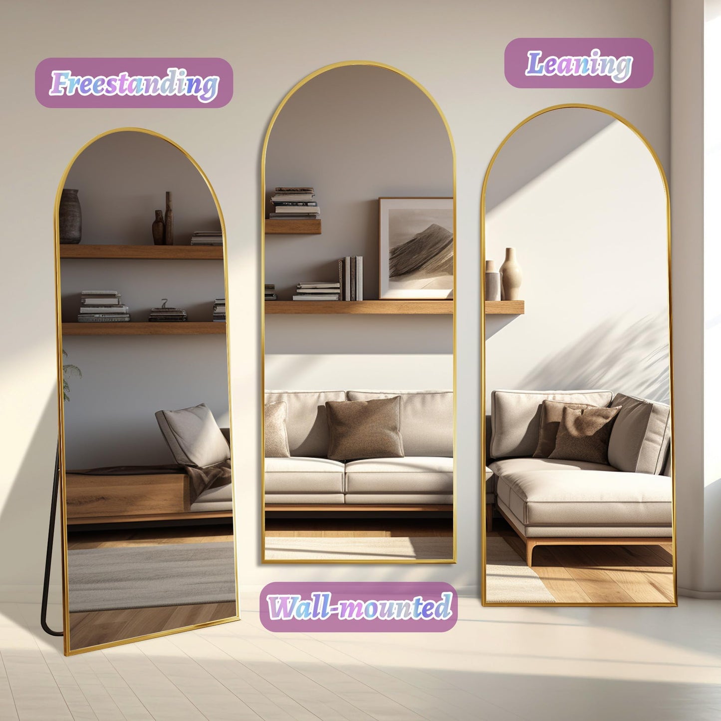 Full Length Mirror, 76"x34" Arched Floor Mirror Freestanding, Floor Standing Full Body Mirror with Stand for Bedroom, Hanging Mounted for Living Room Cloakroom, Black