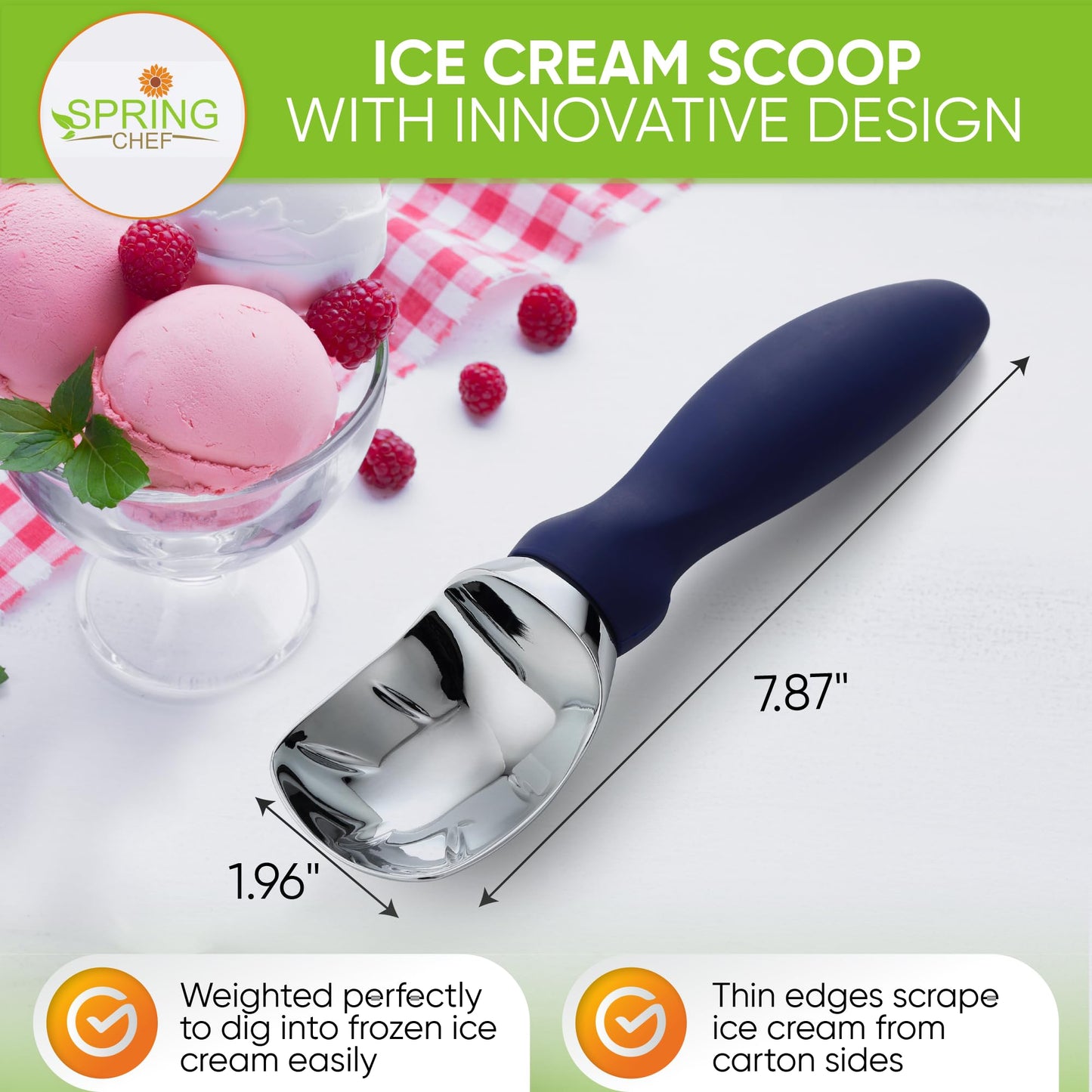 Spring Chef Heavy Duty Ice Cream Scoop with Comfortable Handle - Professional Ice Cream Scooper for Gelato, Sorbet, Cookie Dough, Melon, Frozen Yogurt - Dishwasher Safe Metal Kitchen Tool - Black