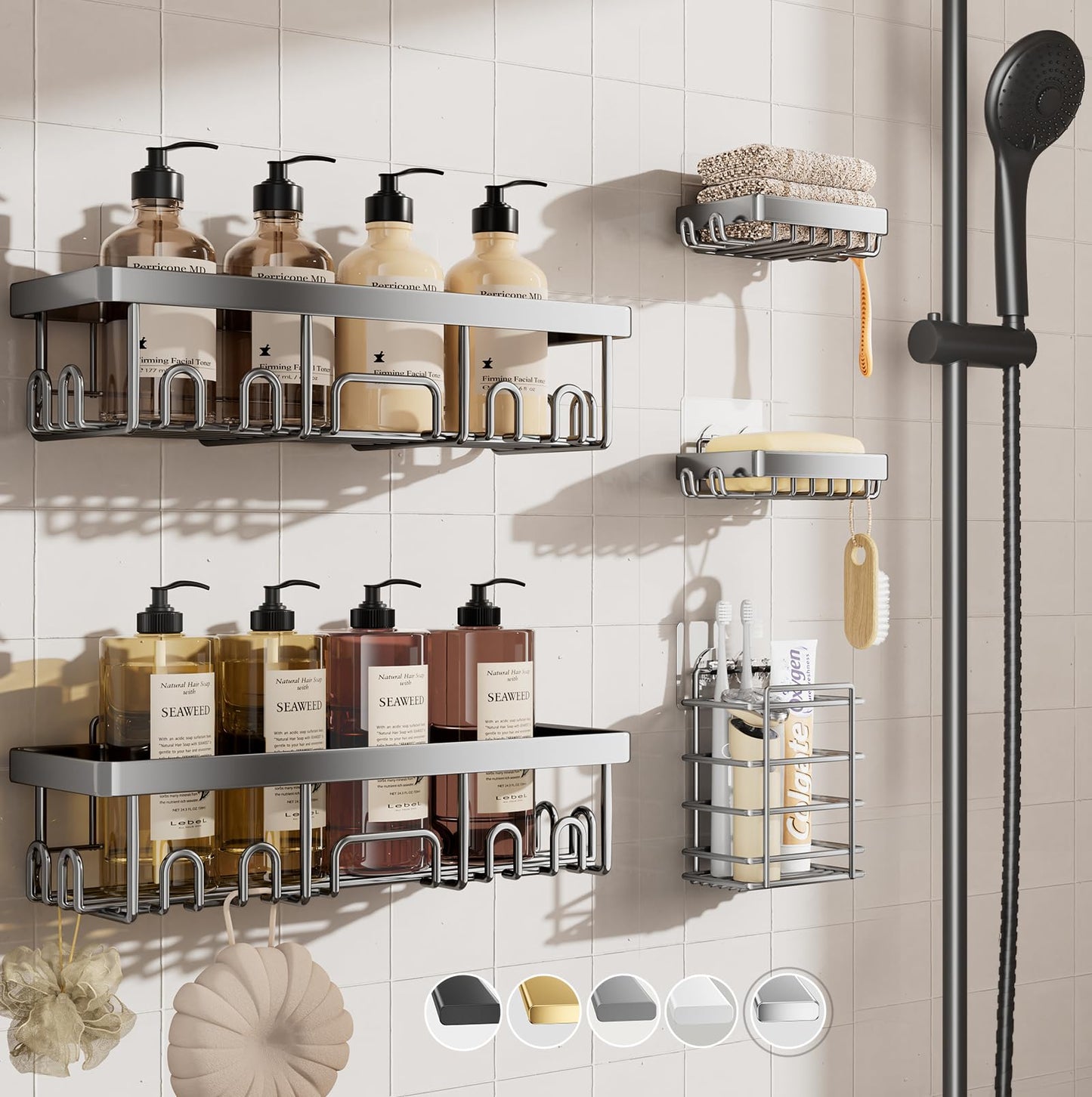 Veken Stainless Steel Shower Caddy 6-Pack, No Drilling & Rustproof, Waterproof Adhesive Shelves Rack with Soap Holder, Large Capacity Bathroom Organizers and Storage, Wall-Mounted Kitchen & Home Decor