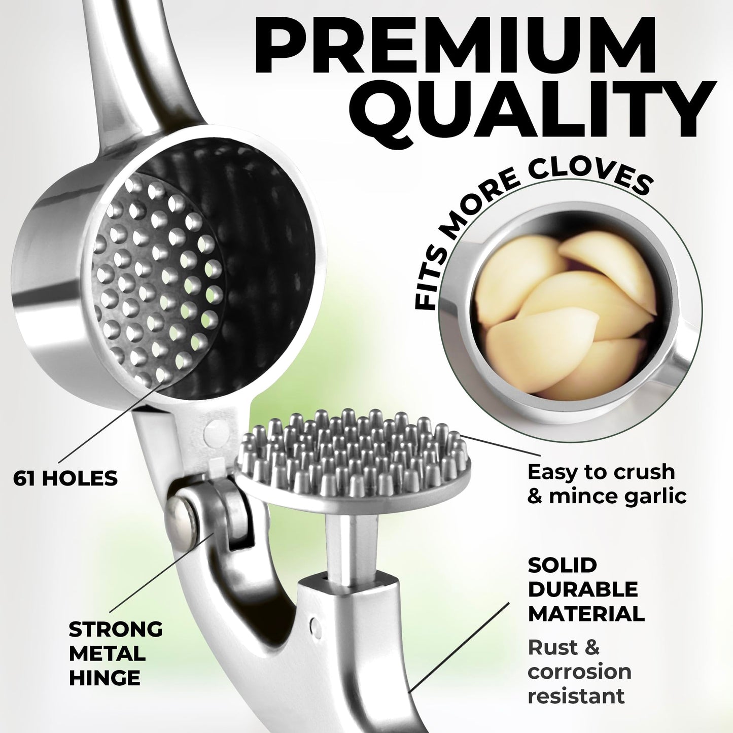 Zulay Kitchen Premium Garlic Press Set - Rust Proof & Dishwasher Safe Professional Garlic Mincer Tool - Easy-Squeeze, Easy-Clean with Soft, Ergonomic Handle - Silicone Garlic Peeler & Brush (Silver)