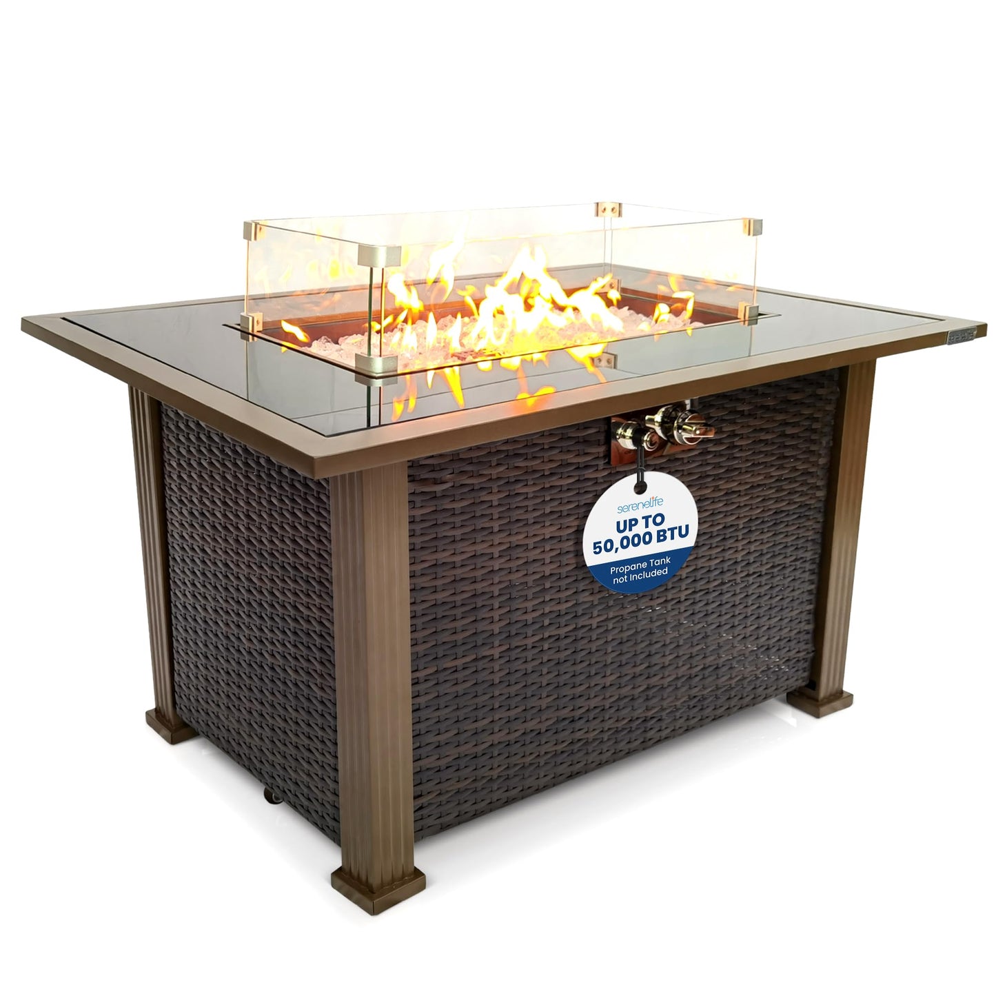 SereneLife Outdoor Propane Gas Fire Pit Table – 50,000 BTU Auto-Ignition Firepit with Glass Wind Guard, Black Tempered Glass Top & Clear Glass Rocks for Garden, Patio, or Backyard