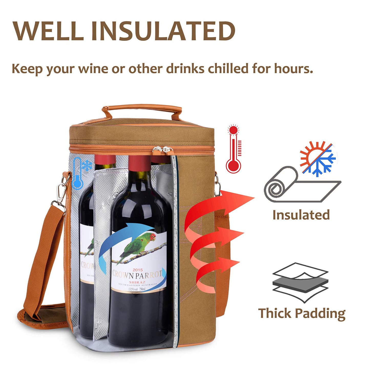 Tirrinia 2 Bottle Leakproof Insulated Wine Tote Carrier Bag - Padded Cooler for Travel, Restaurants, Tasting, Parties, Great Gift for Wine Lovers
