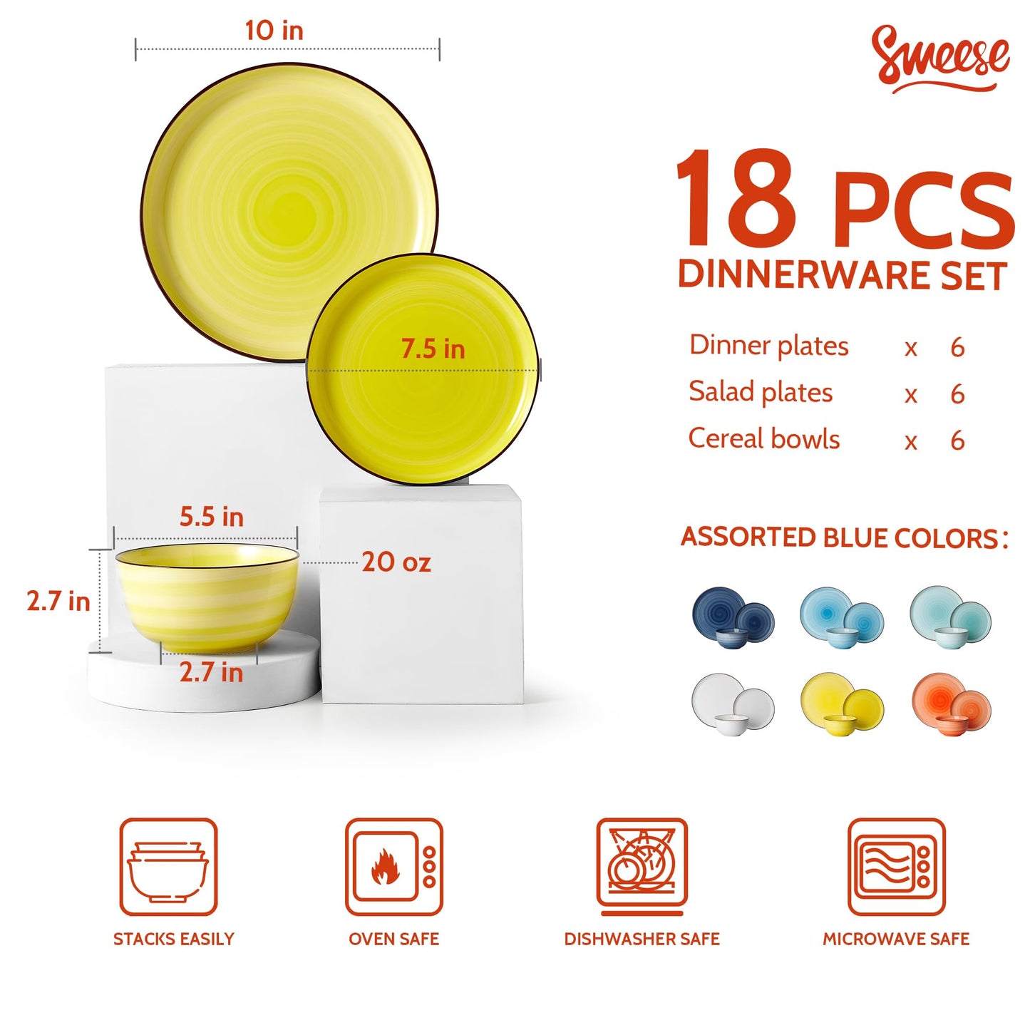 Sweese Plates and Bowls Sets, 18 Piece Dinnerware Set Porcelain Round Dinner Set for 6, Scratch Resistant Dishes Set, Dishwasher and Oven Microwave Safe Handpainted Swirl Dishware Sets, Neutral