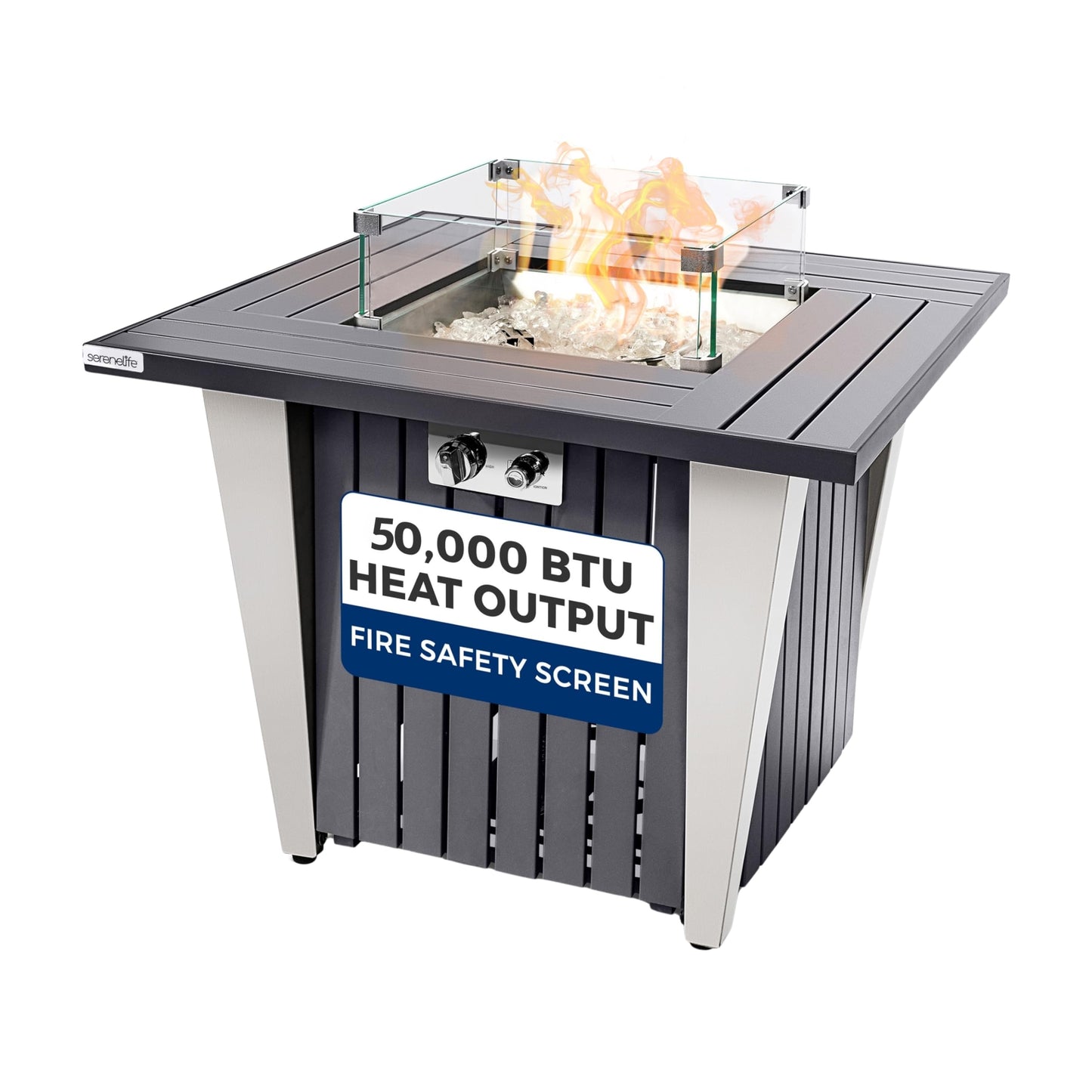SereneLife Outdoor Propane Gas Fire Pit Table – 50,000 BTU Auto-Ignition Firepit with Glass Wind Guard, Black Tempered Glass Top & Clear Glass Rocks for Garden, Patio, or Backyard