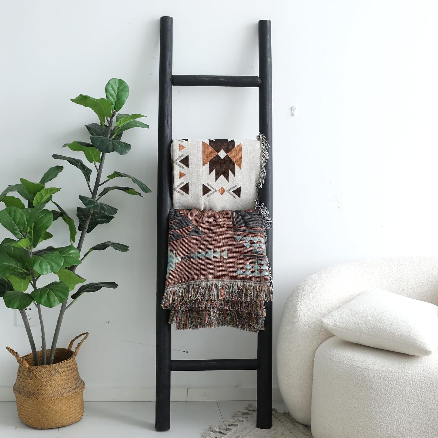 FUIN Fully Assembled 57in Wood Blanket Ladder Living Room Decorative Wall Leaning Farmhouse Quilt Display Holder Rustic Wooden Towel Rack for Bathroom, Unfinished