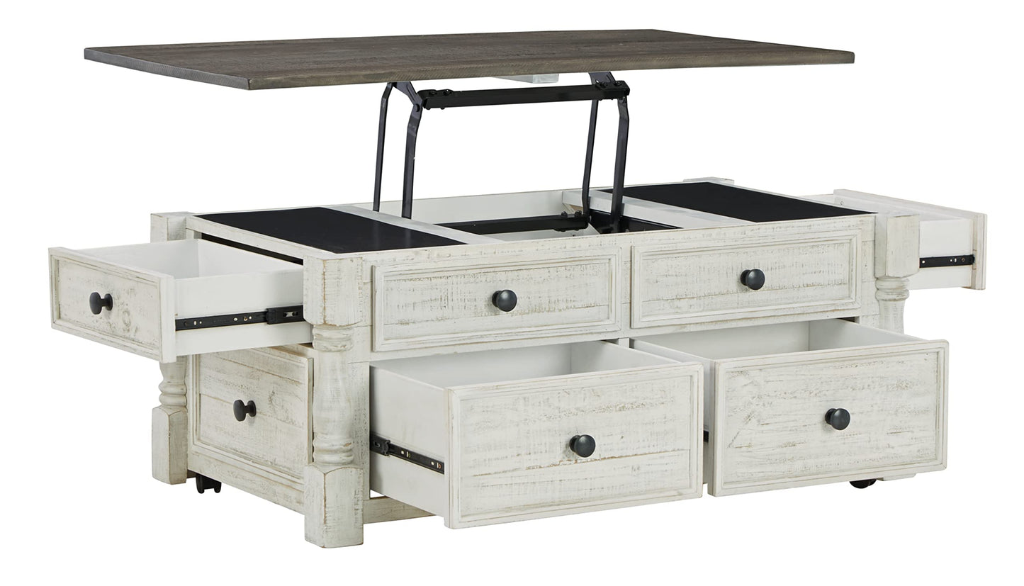 Signature Design by Ashley Havalance Farmhouse Lift Top Coffee Table with Fixed Shelf and 2 Hidden Storage Trays, Gray & White with Weathered Finish