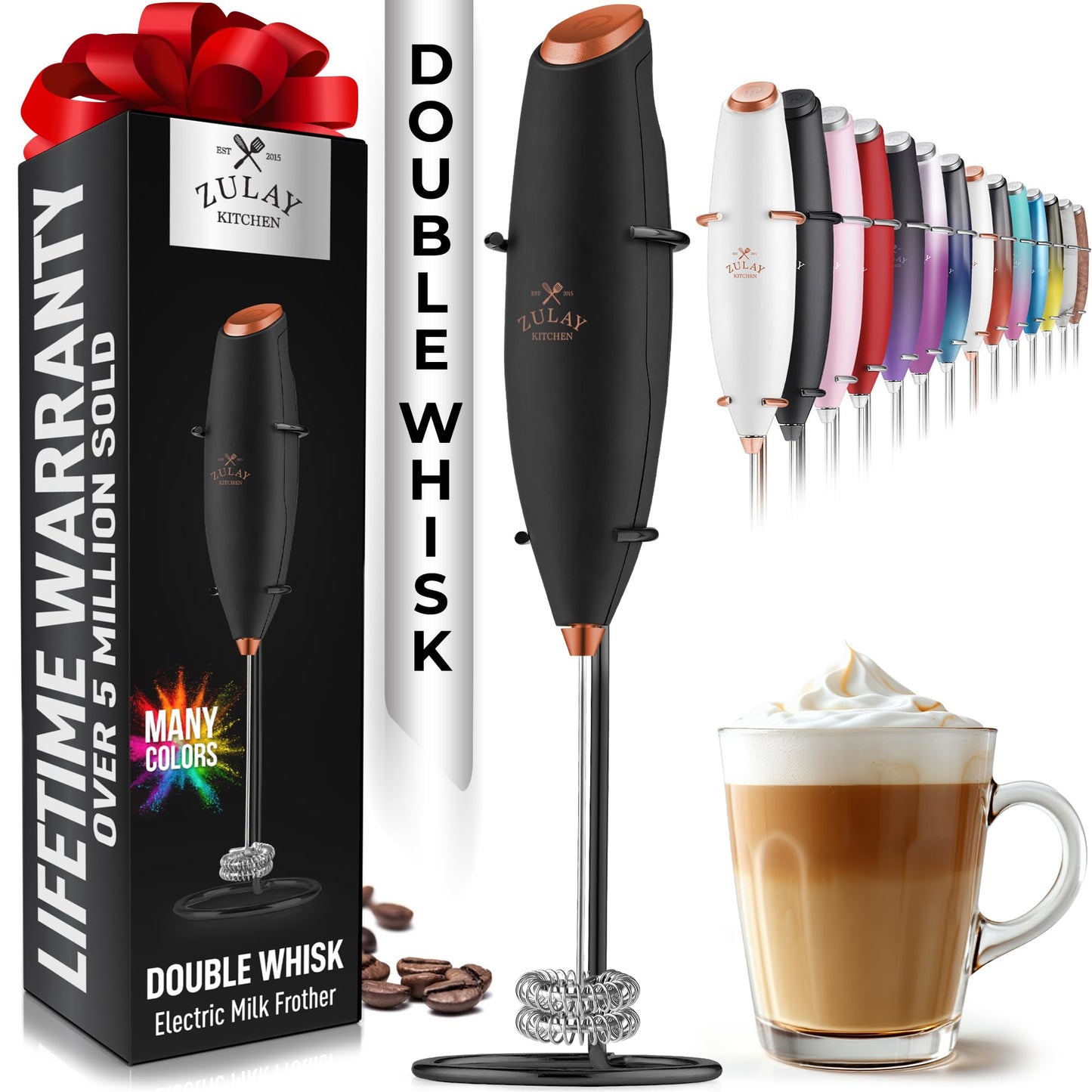 Zulay Double Whisk Milk Frother Handheld Mixer - High Powered Frother For Coffee With Improved Motor - Milk Frother Electric Whisk Drink Mixer For Cappuccino, Frappe, Matcha, Twin Whisk - Black/Copper